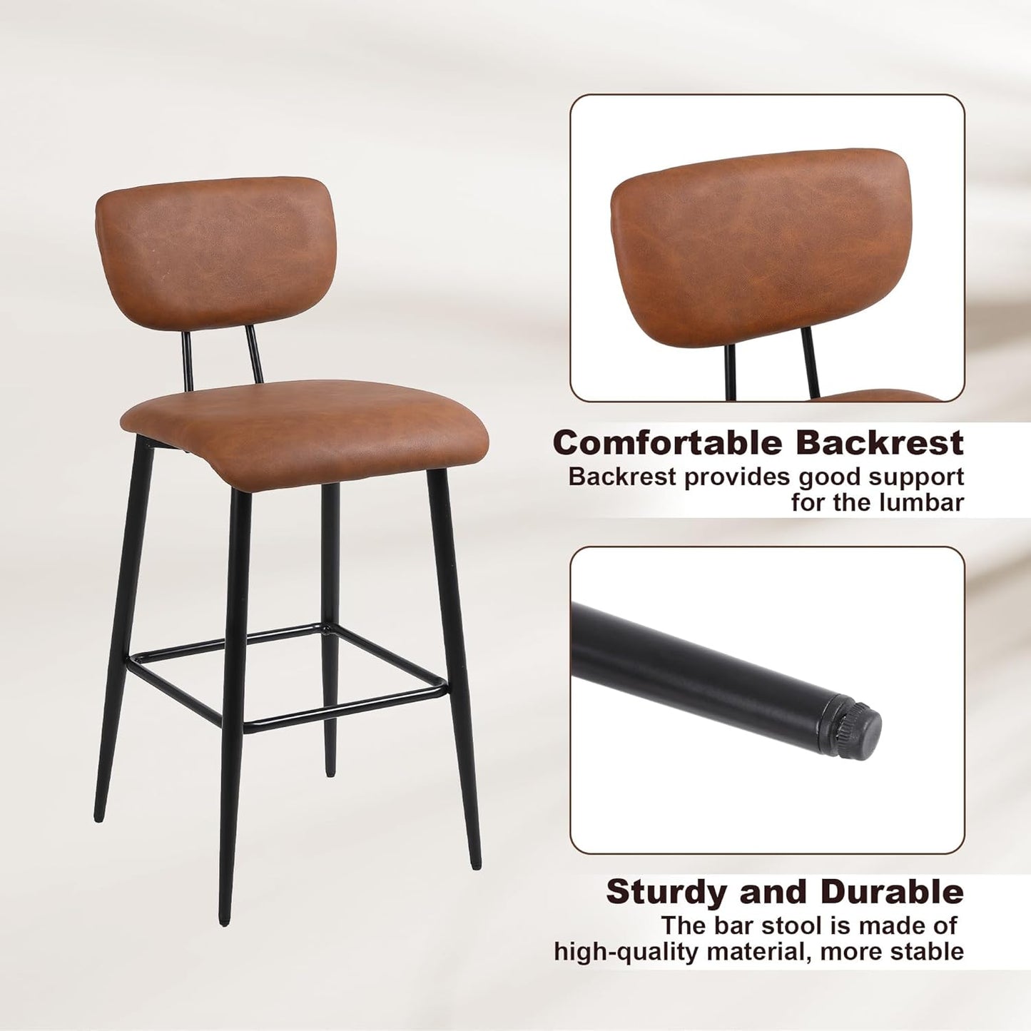 Bar Stools Set of 2, Tall Kitchen Stools with Backrest, Modern Faux Leather Barstools for Breakfast Bars, Counters, Restaurant and Home, Brown