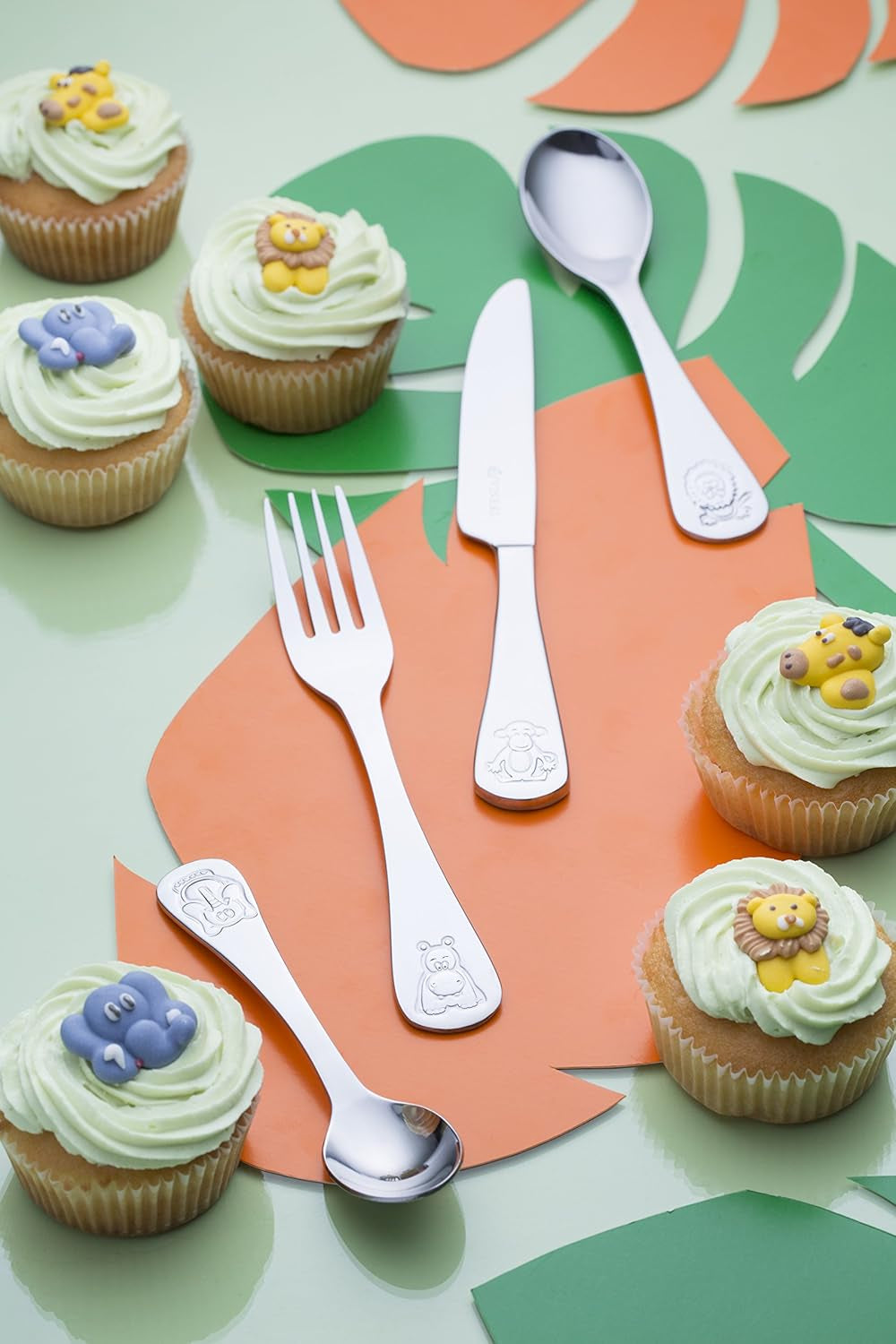 Jungle Kids Cutlery Set | Children’S Mirror Polished Flatware Gift Box with 25 Year Guarantee | for Ages 1-5 | 18/0 Stainless Steel, 4 Piece