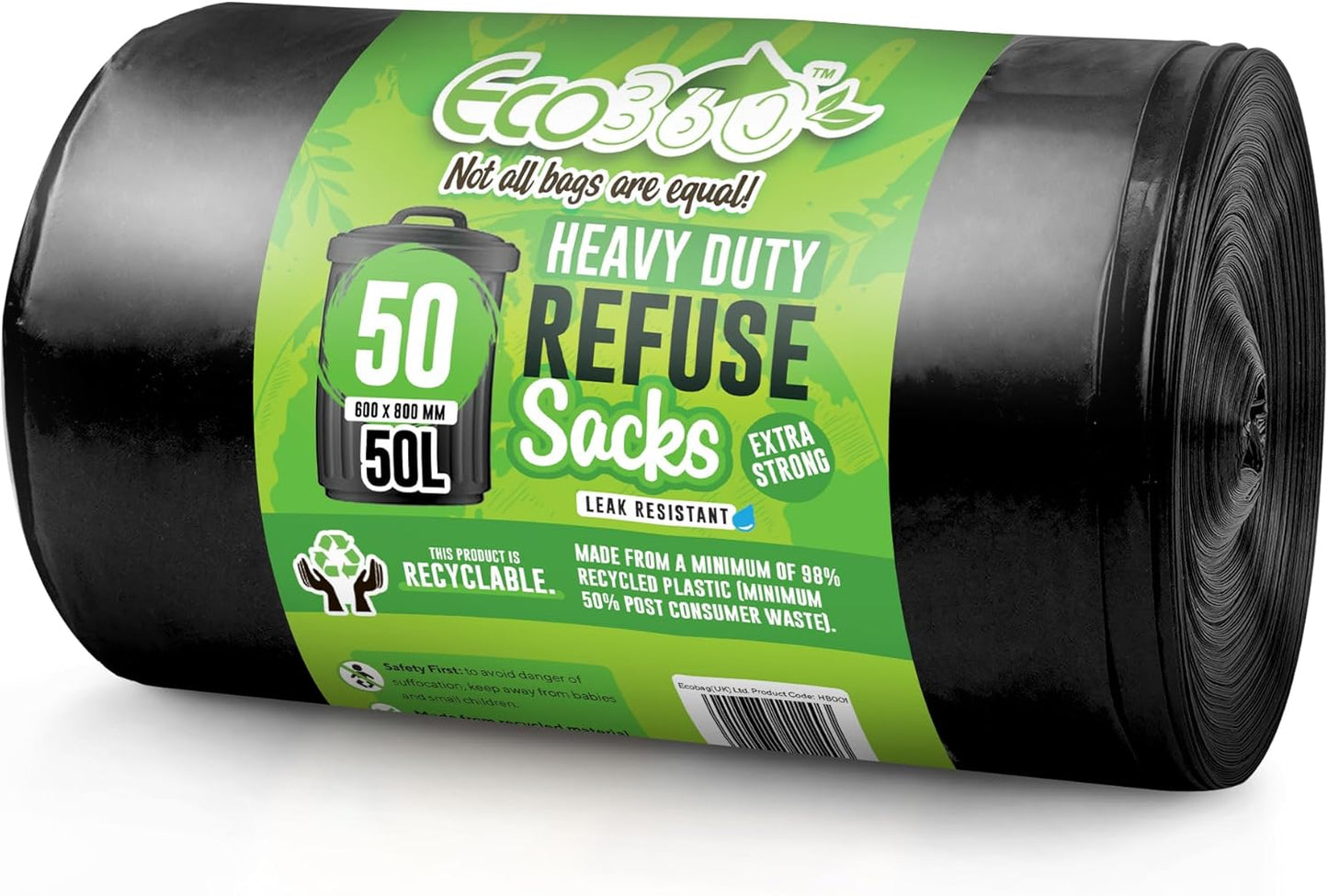- 50 Pack Heavy Duty Bin Bags - 50L -35 Microns - Recyclable Black Bin Bag with Leak Resistant Seal, Sustainable Refuse Sack, Eco-Friendly Rubbish for Home, Office & Kitchen (600X800 Mm)