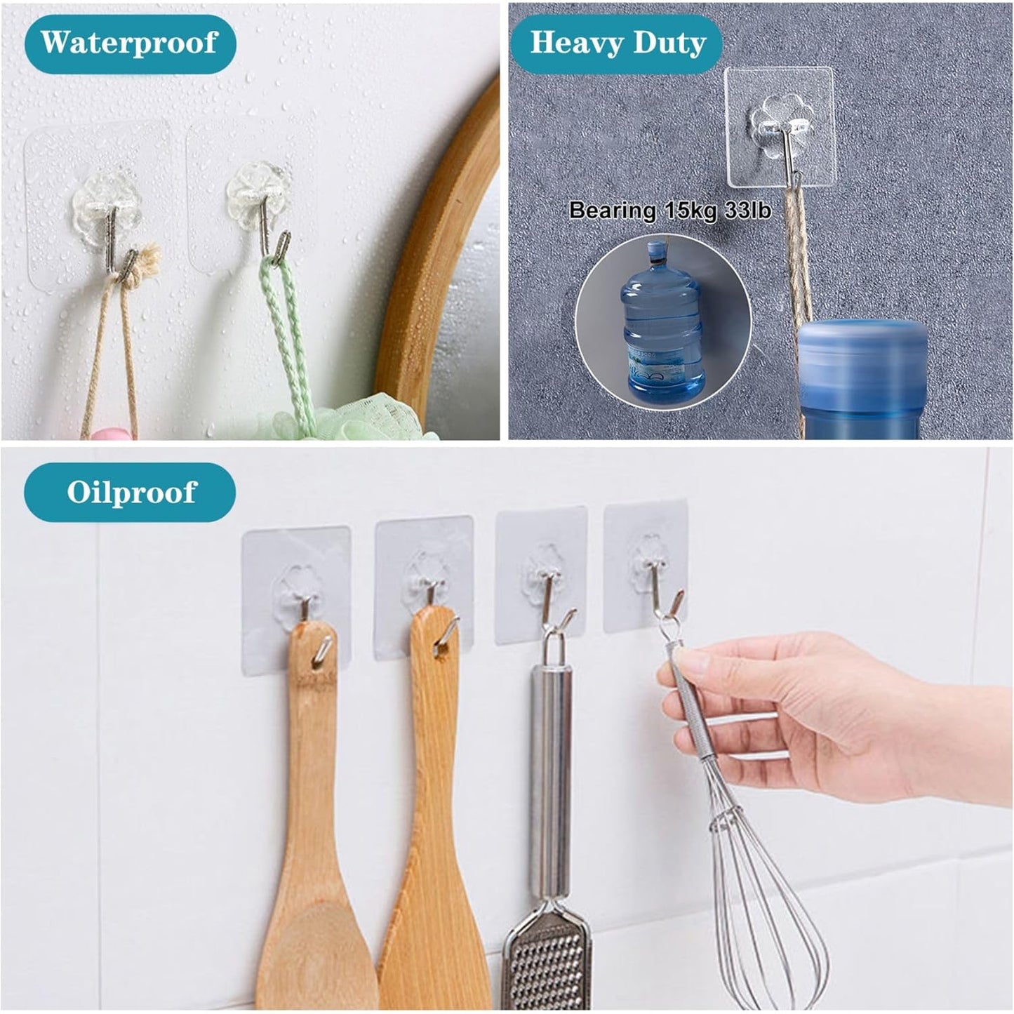Wall Hooks 15Kg(Max) Heavy Duty Self Adhesive Hooks 10 Pack,Waterproof and Oilproof,Transparent Reusable Seamless Hooks Strong,Suitable for Bathroom Kitchen