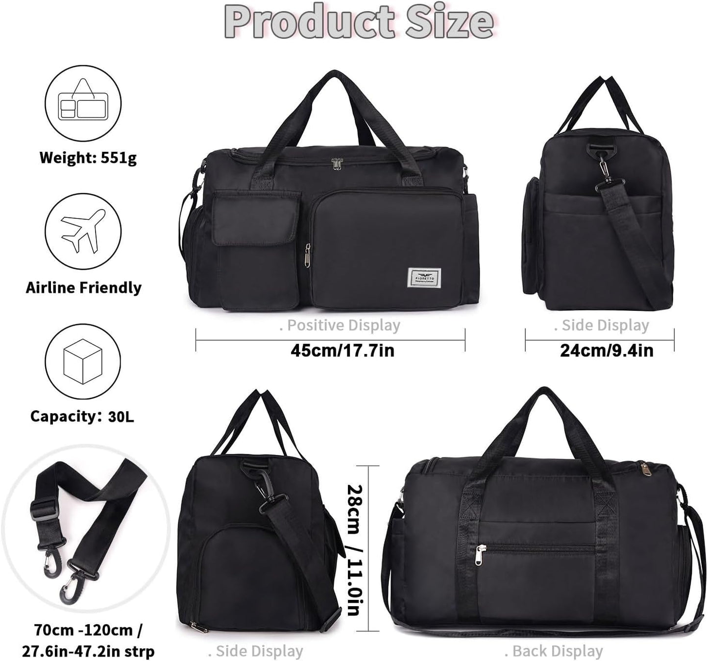 Womens Mens Sports Gym Bag Duffle Bag with Shoes Compartment, Weekend Travel Bag Overnight Bag for Women, Water Resistant Holdall Hospital Bag for Swimming Black