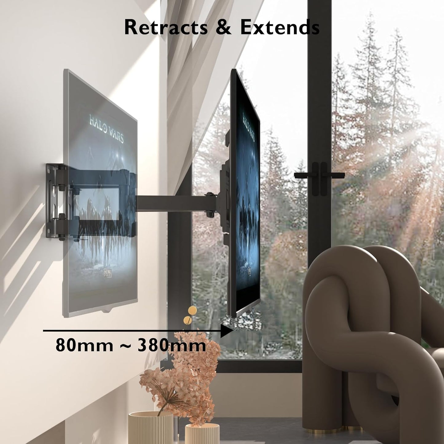 TV Wall Mount for 23-70 Inch LED LCD, Swivels Tilts Extends Double Arm Full Motion TV Wall Bracket Holds up to 45Kg, Includes HDMI Cable, Spirit Level, Max VESA 400X400Mm