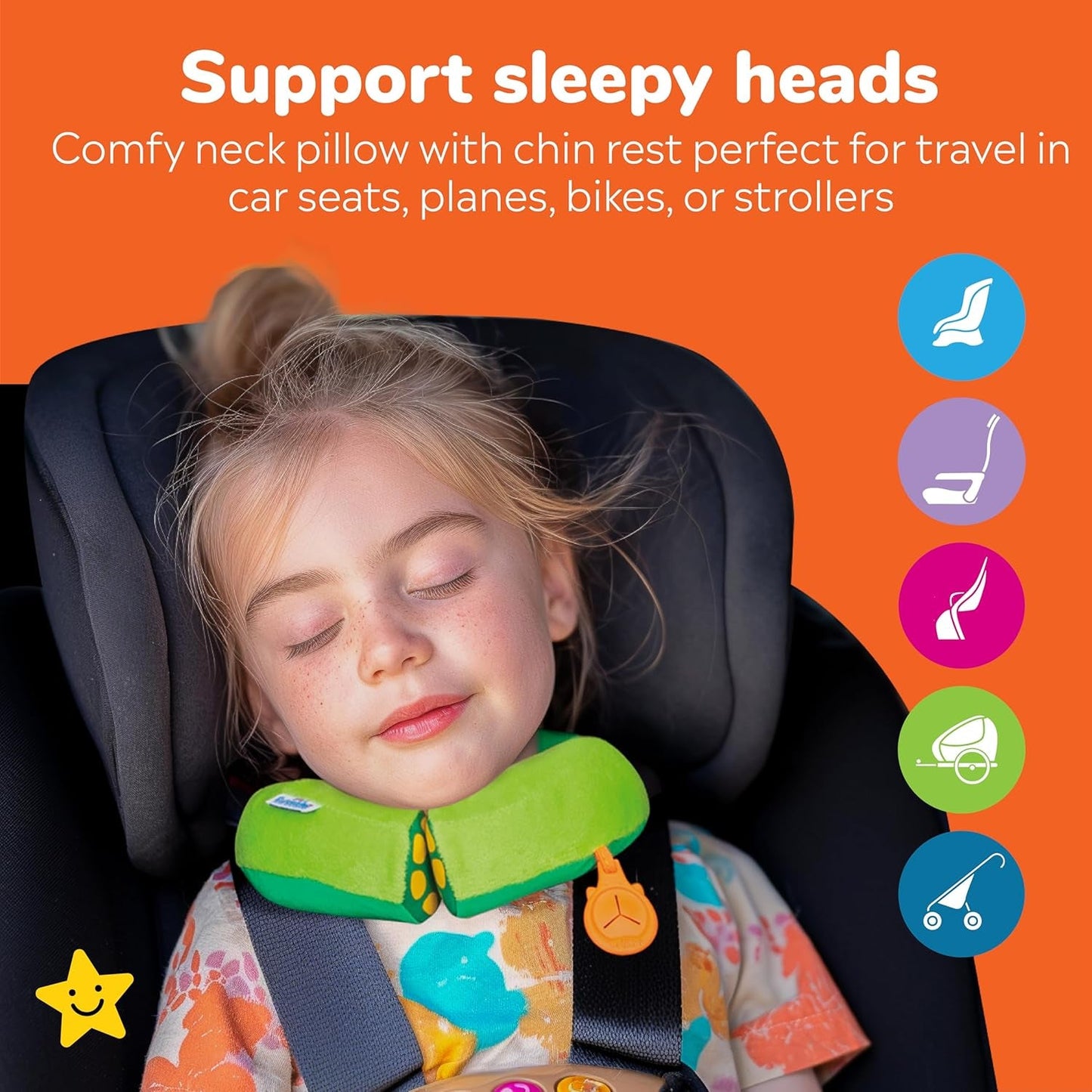 Kid'S Travel Neck Pillow and Chin Rest | Support Sleepy Heads in the Car Seat, Plane, Bike or Pram | Yondi SMALL Dudley Dinosaur (Green)