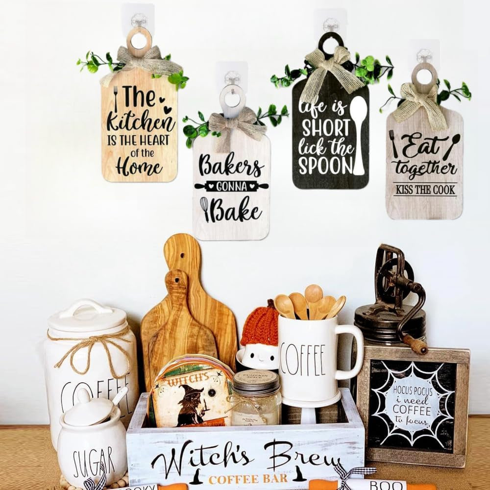 4 Pieces Wooden Hanging Sign Kitchen Wooden Wall Art Rustic Wood Bar Sign Farmhouse Style Wall Art for Kitchen Home Art Decor