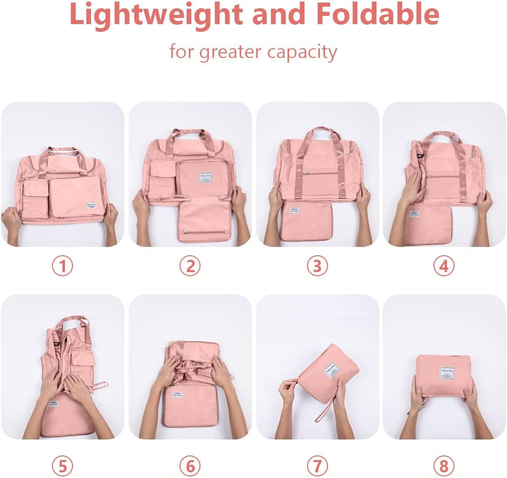 Duffel Bag, Foldable Overnight Weekend Bags for Women, Lightweight Hospital Bag with Wet and Dry Separation Bag, Large Holdall/Cabin/Gym Bag for Sports and Travel - Pink