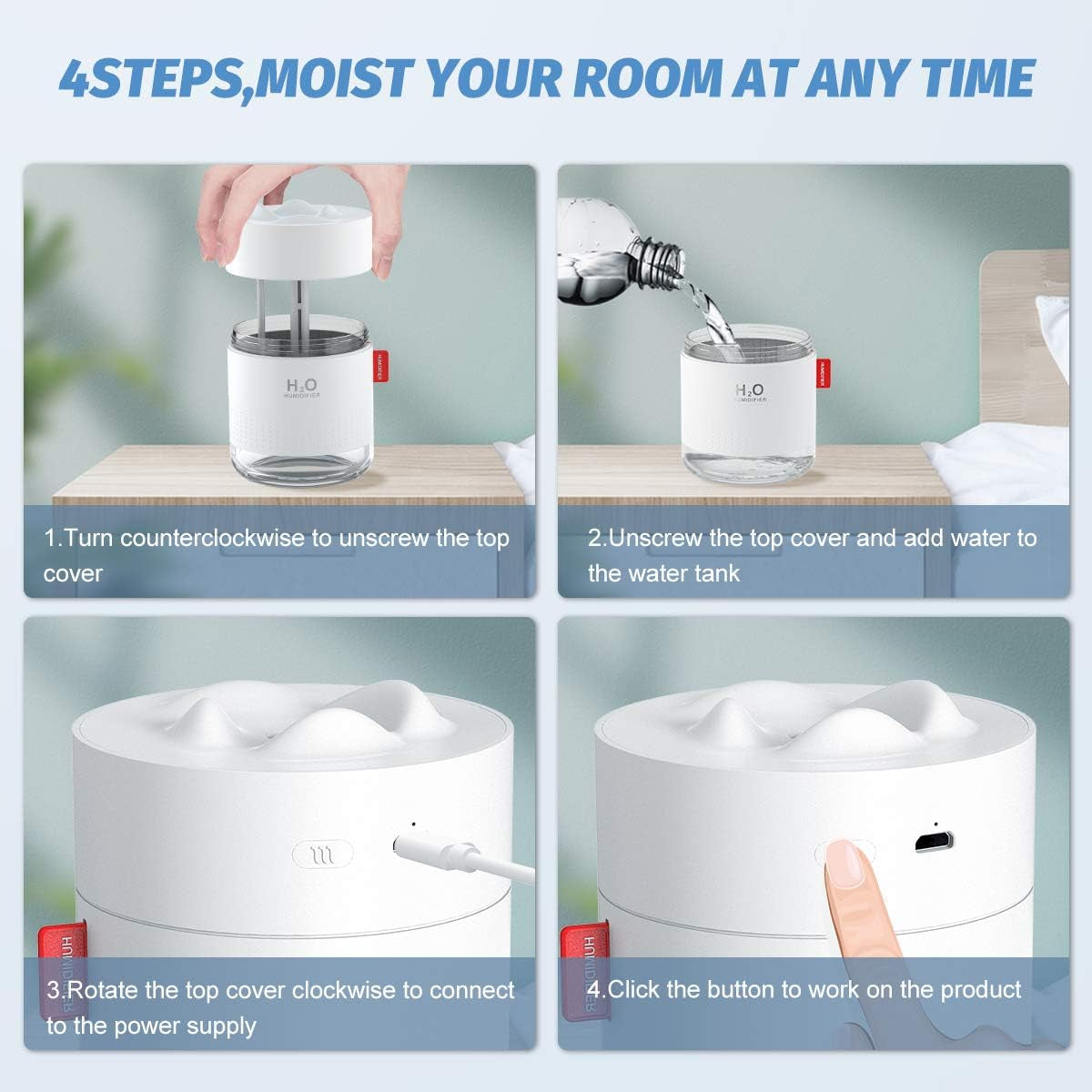 Humidifiers 500Ml Cool Mist Air Ultrasonic Quiet USB Desktop Humidifiers with Night Light Waterless Auto Shut-Off for Home Baby Bedroom Office Travel (White)