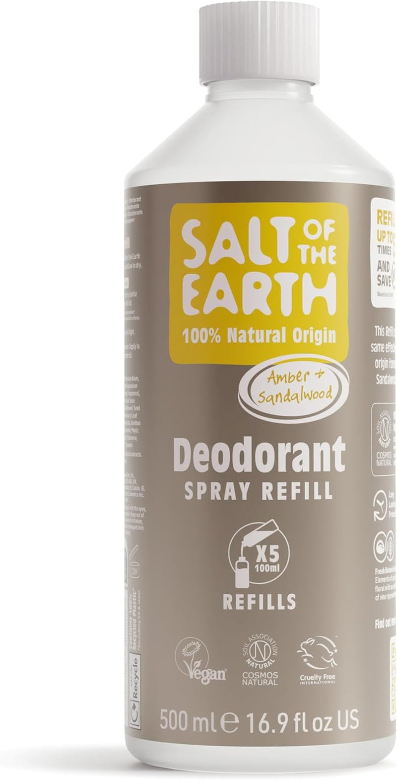 - Natural Deodorant Spray Refill - Certified Natural, Vegan, Long Lasting Protection, Leaping Bunny Approved, Made in the UK - 500Ml (Amber & Sandalwood)