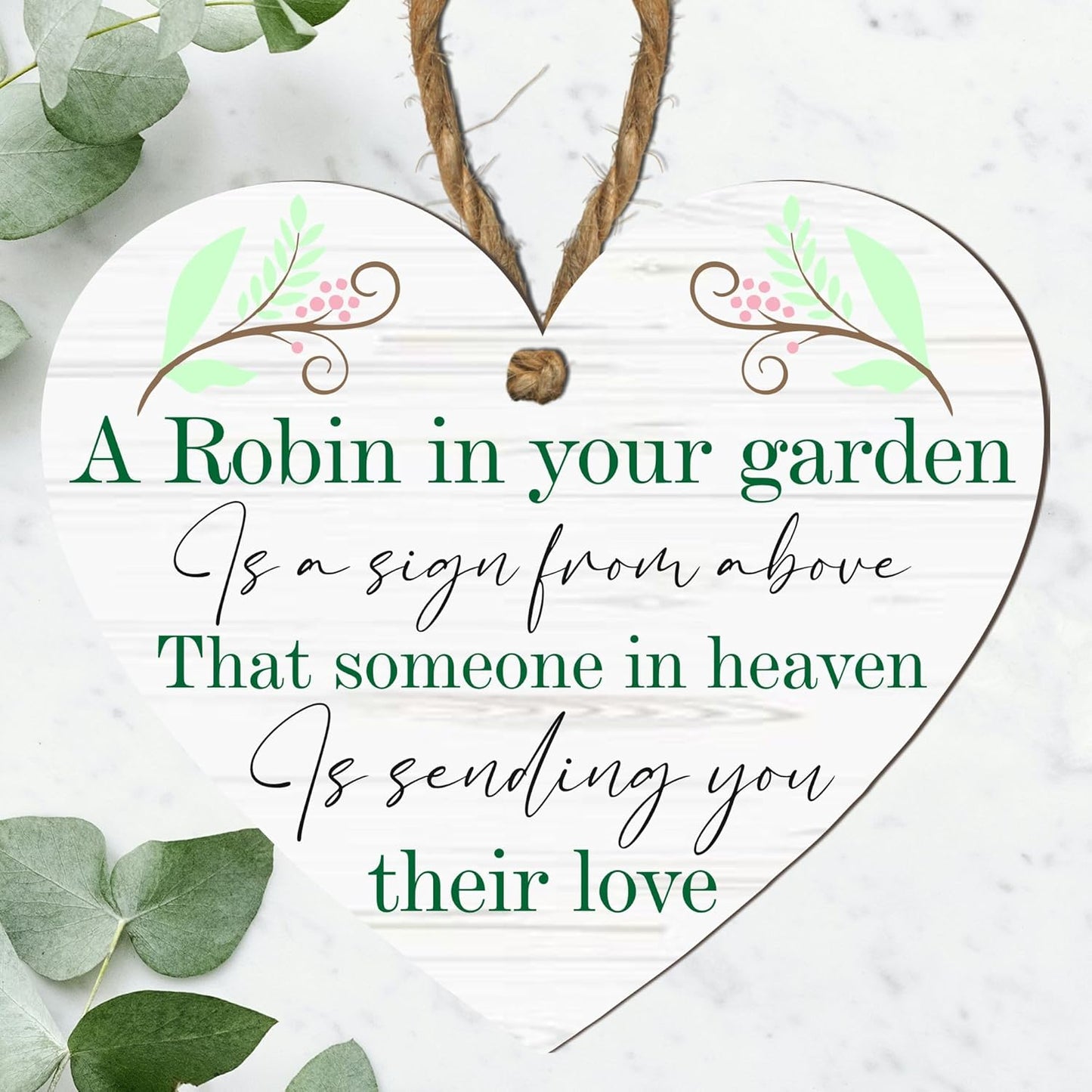 Robin Memorial Garden Grave Hanging Heart Wooden Heart Memorial Plaque with Robin Design - Remember Loved Ones in Heaven | Handcrafted Keepsake | Modern Rustic Home Decor | Made in UK