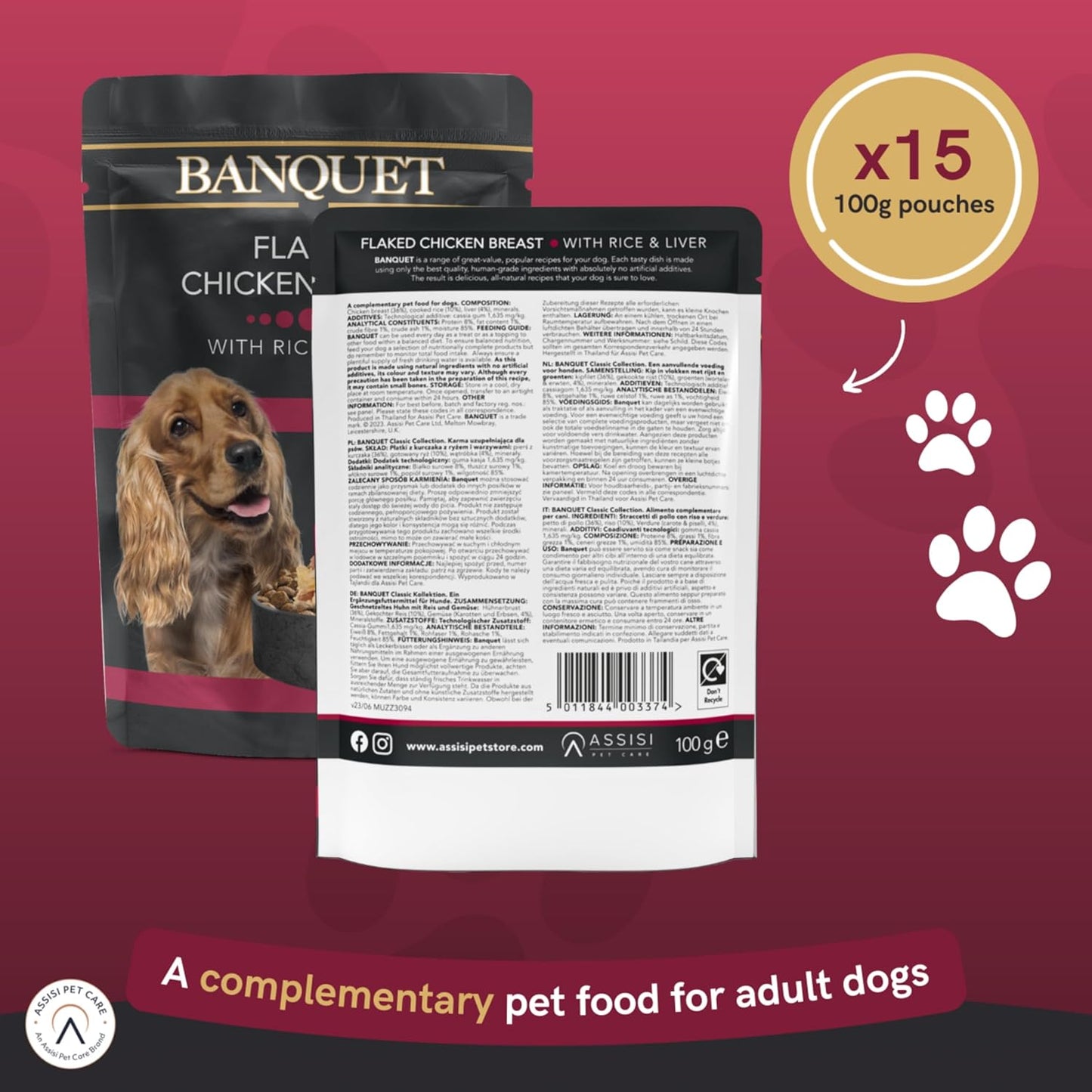 Banquet - Wet Dog Food - Flaked Chicken Breast, Rice, Liver - 100% Natural Ingredients, 15 Pouches X 100G