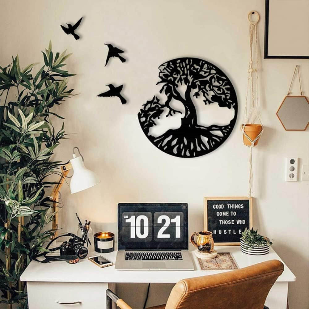 Black Metal Wall Art Tree Life Metal Wall Decor Wall Sculptures Tree Bird Shaped Wall Sign Black Hanging Ornaments for Bedroom Living Room Decoration(28Cm/11.02In)