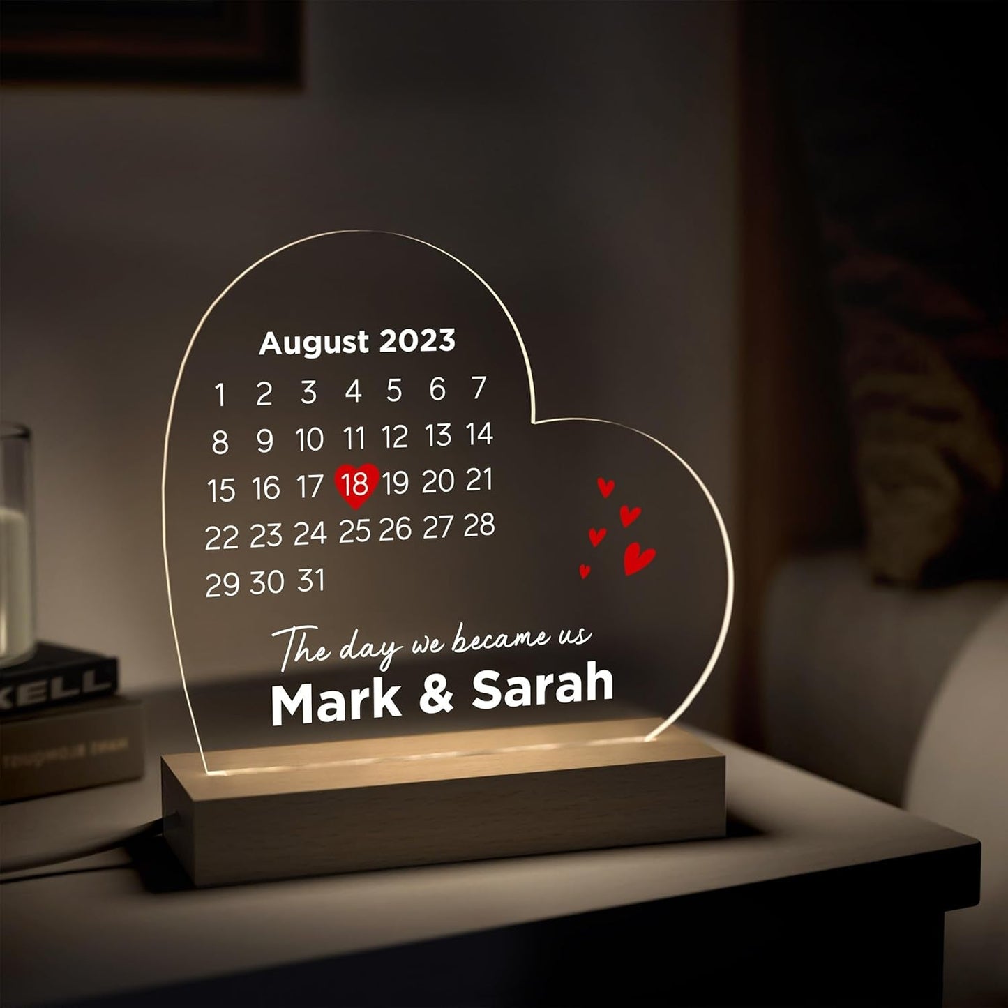 Wedding Anniversary Engagement Date Gifts for Him or Her, Gifts for Girlfriend Boyfriend, Valentine'S Day Gifts, Personalised LED Wooden Night Light for Wife Husband