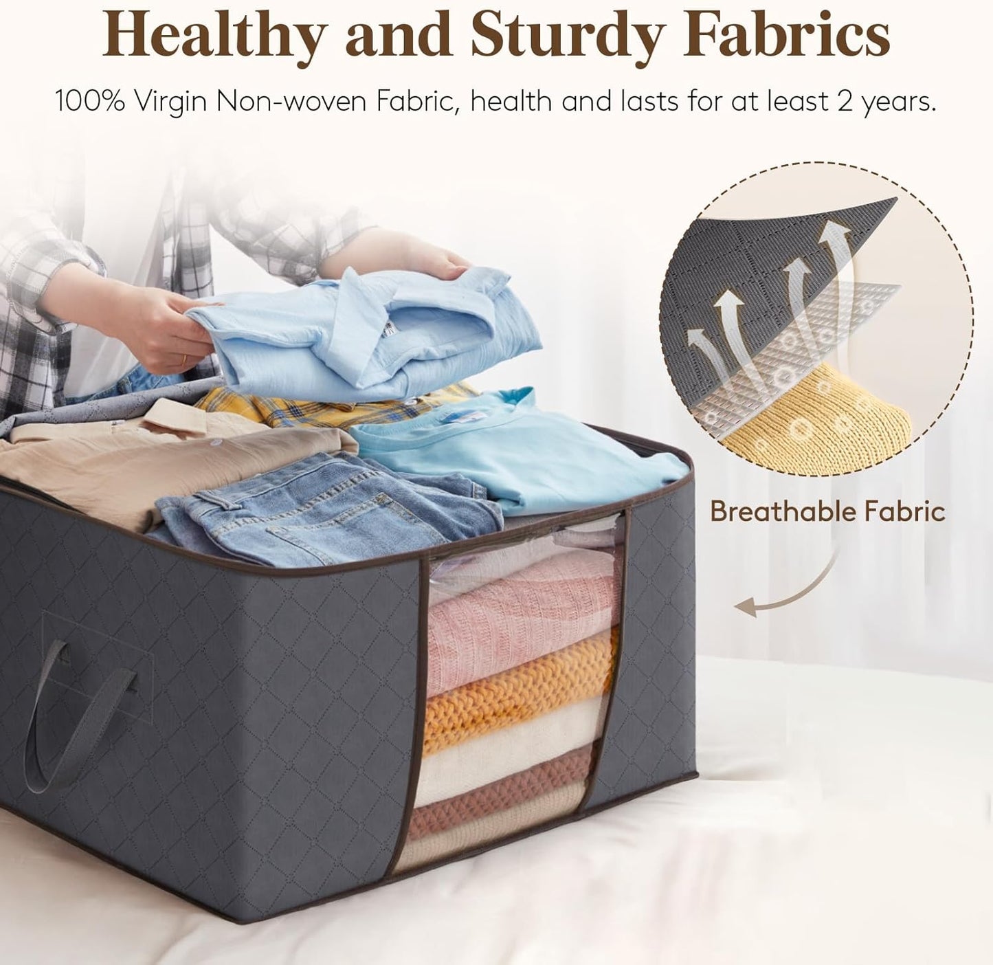 90L Clothes Storage Bags Large Storage Box with Lid Packing Boxes for Moving House with Reinforced Handle Thick Fabric Clear Window for Clothes Duvet Blankets Bedding, 3 Pack, Grey