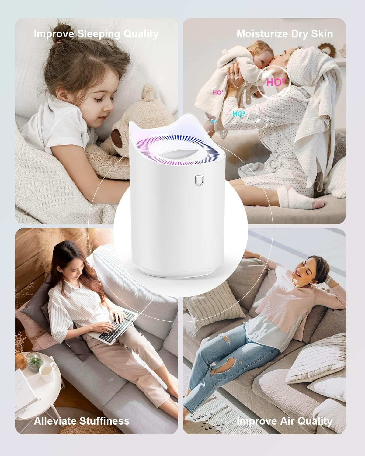Humidifier, 3L Humidifier for Bedroom (Lasts up to 20 Hours), Air Humidifiers for Home with Color Changing Night Light for Baby Plant Office, 3 Mist Modes, 2 Nozzles, Auto Shut Off