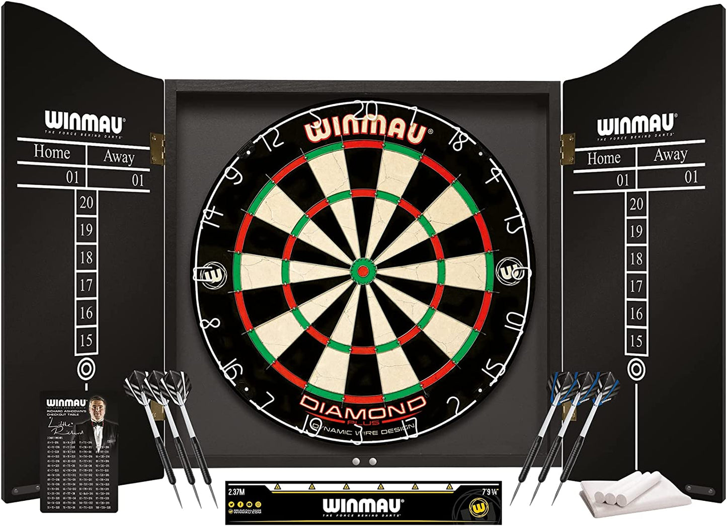 Professional Dart Set Includes Diamond plus Bristle Dartboard - Black Cabinet - 2 Sets of Darts - Official Oche Line