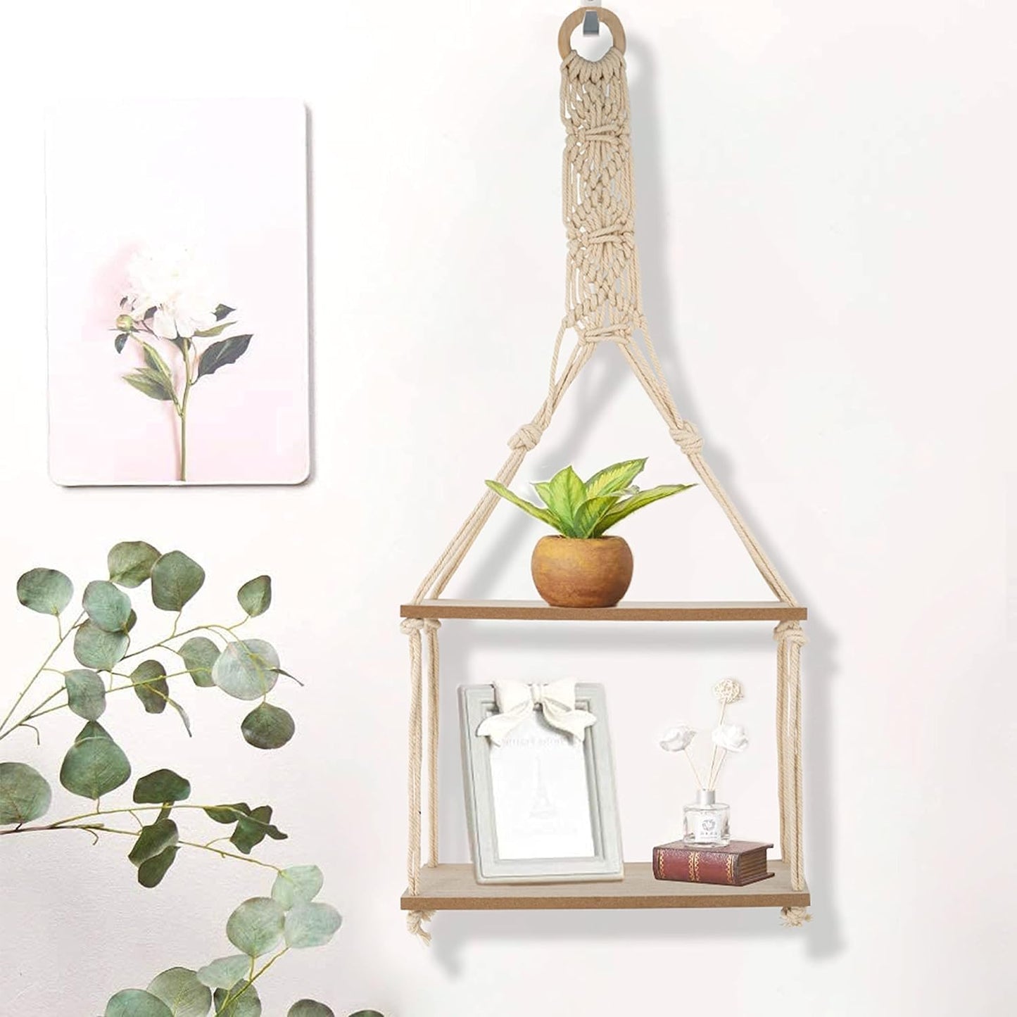 2 Tier Hanging Floating Macrame Rope Shelf Wooden Storage Kitchen Wall Boho Decor Gift (HANGING SHELF 30X10X72 Cm)