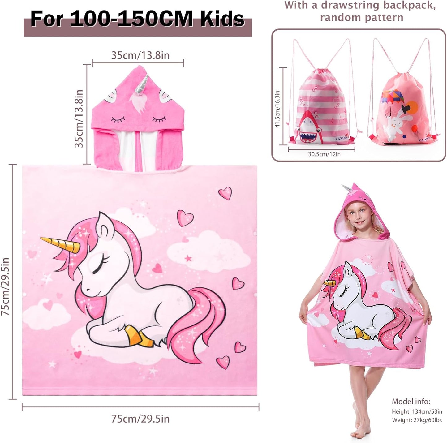 Kids Hooded Poncho Towels, Beach Changing Robe Bath Towel Poncho for Swimming Pool, Microfiber Soft and Large Bathrobe for Girls Boys Children 6-14 Years Old - Pink Unicorn