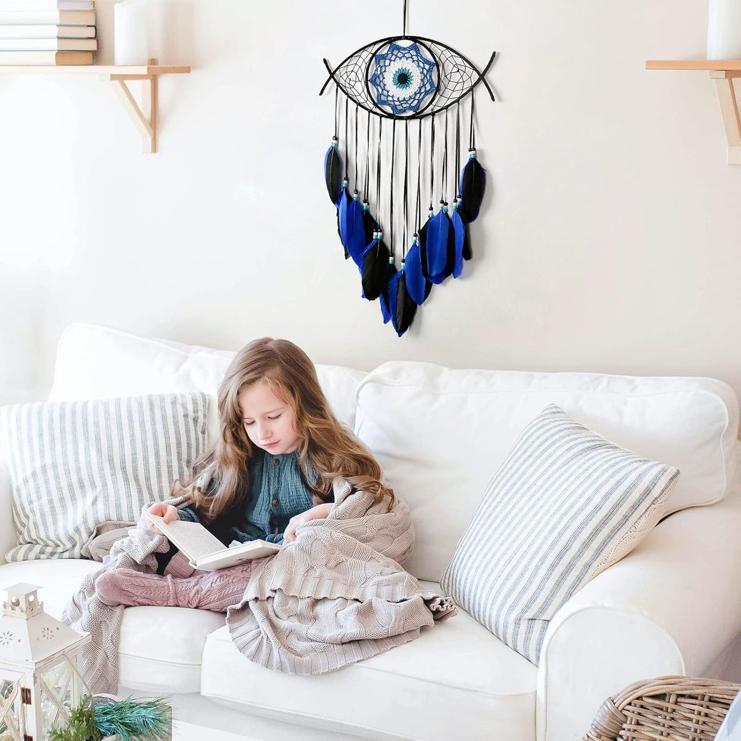 Evil Eye Dream Catcher Hand-Woven Blue Macrame Dreamcatcher Evil Eye Wall Hanging Home Decoration Ornament Kids Christmas Thanksgiving Blessing Gift