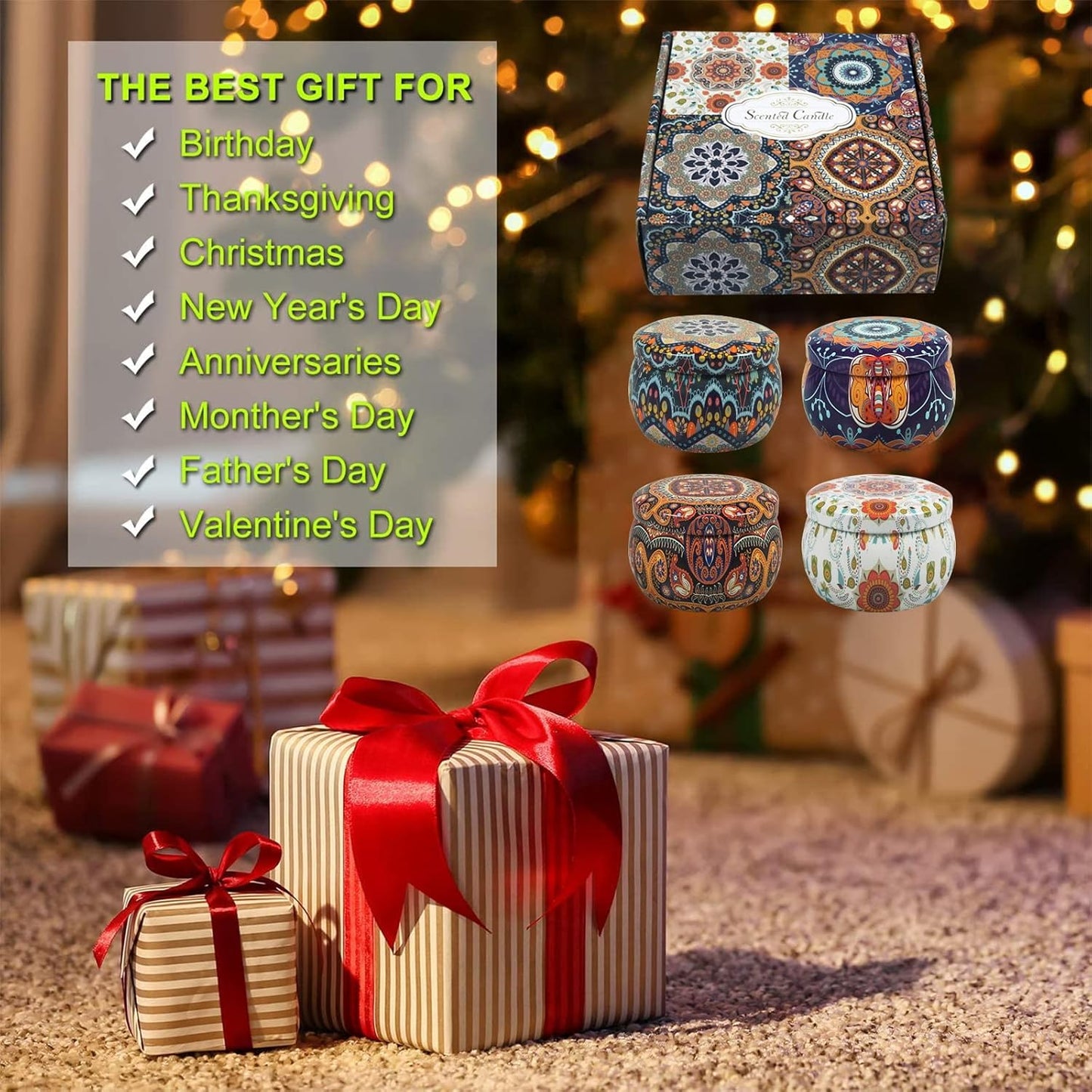 Scented Candles Home Gift Set: Aromatherapy Candle 4 Cans Made of 100% Natural Soy Wax 4.4 Oz for Birthday Gifts for Women Stress Relief Christmas Vanilla Rose Orange Lemon
