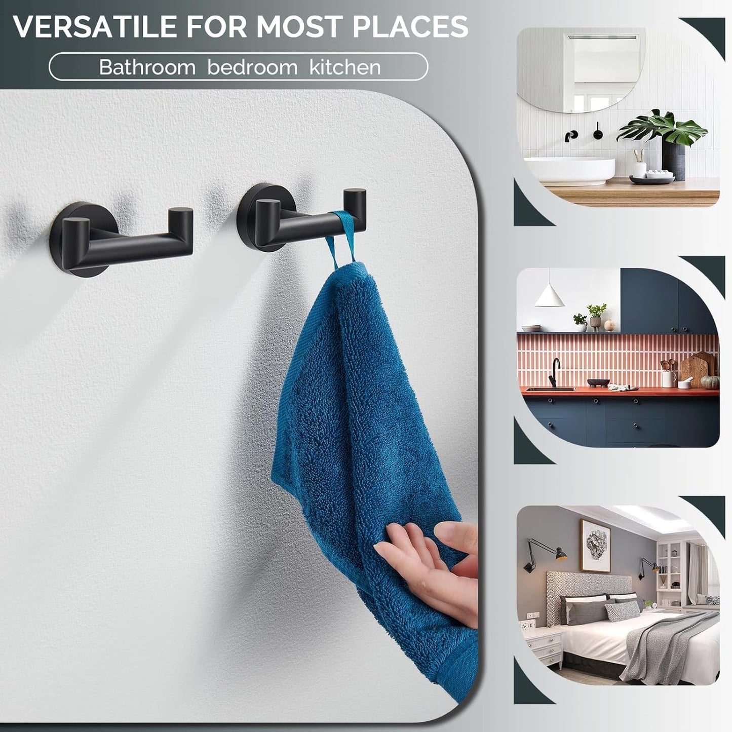 Double Door Hooks for Bathrooms, Matte Black Hooks for Kitchen Bathroom, SUS304 Stainless Steel Coat Hook, Heavy Duty Towels Holder for Hanging Towel, Coats,Sponges, Clothes, Wall Mount, 2 Packs