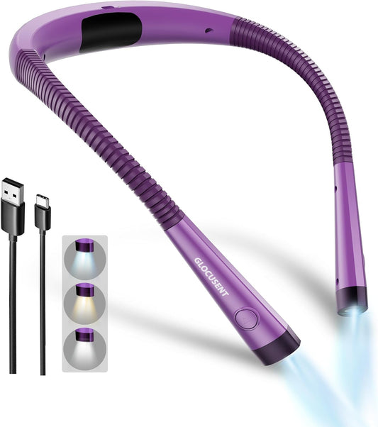 LED Neck Reading Light, Book Light for Reading in Bed, 3 Colors, 6 Brightness Levels, Bendable Arms, Rechargeable, Long Lasting, Perfect for Reading, Knitting, Camping, Repairing