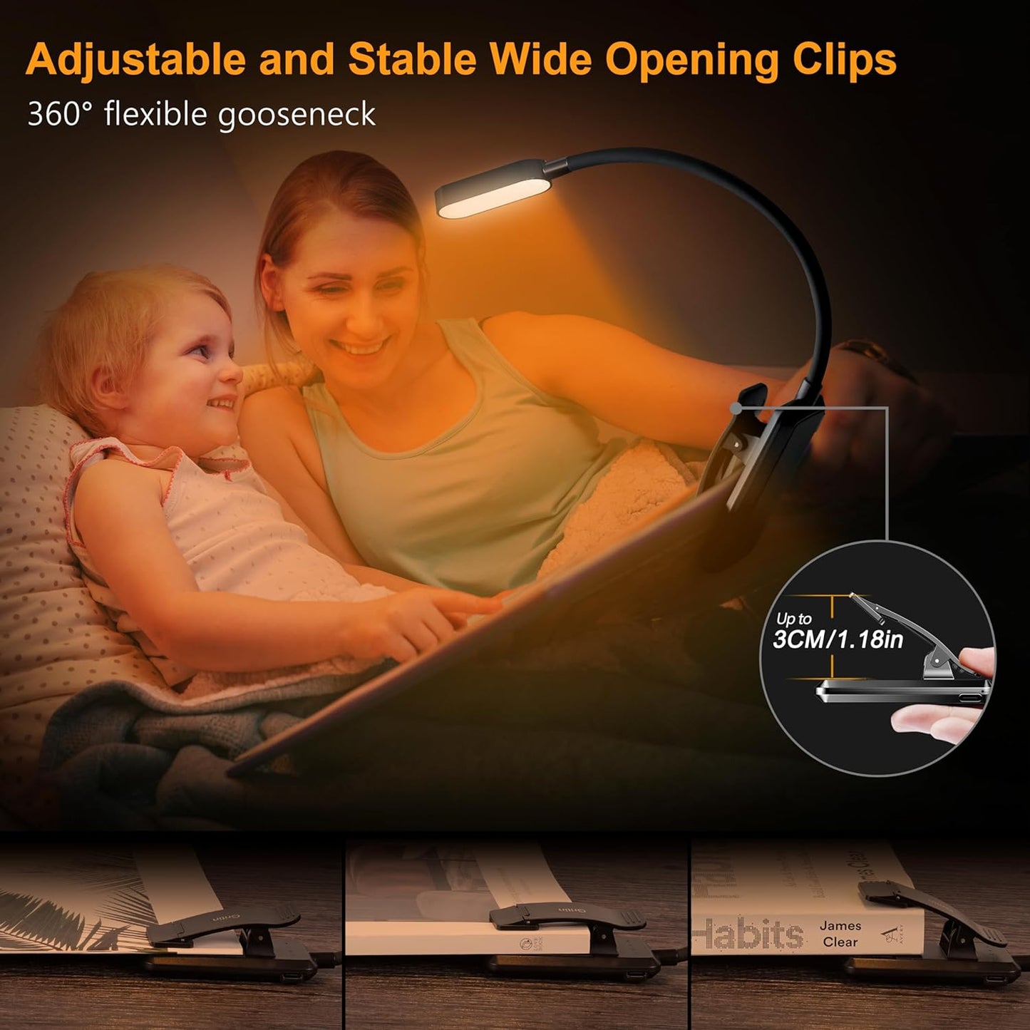 16 LED Reading Light, Book Light 3 Eye-Protecting Modes Book Lamp (White/Amber/Mixed) - Stepless Dimming, Rechargeable, Long Battery Life, 4-Level Power Indicator, Flexible Clip on Book Light