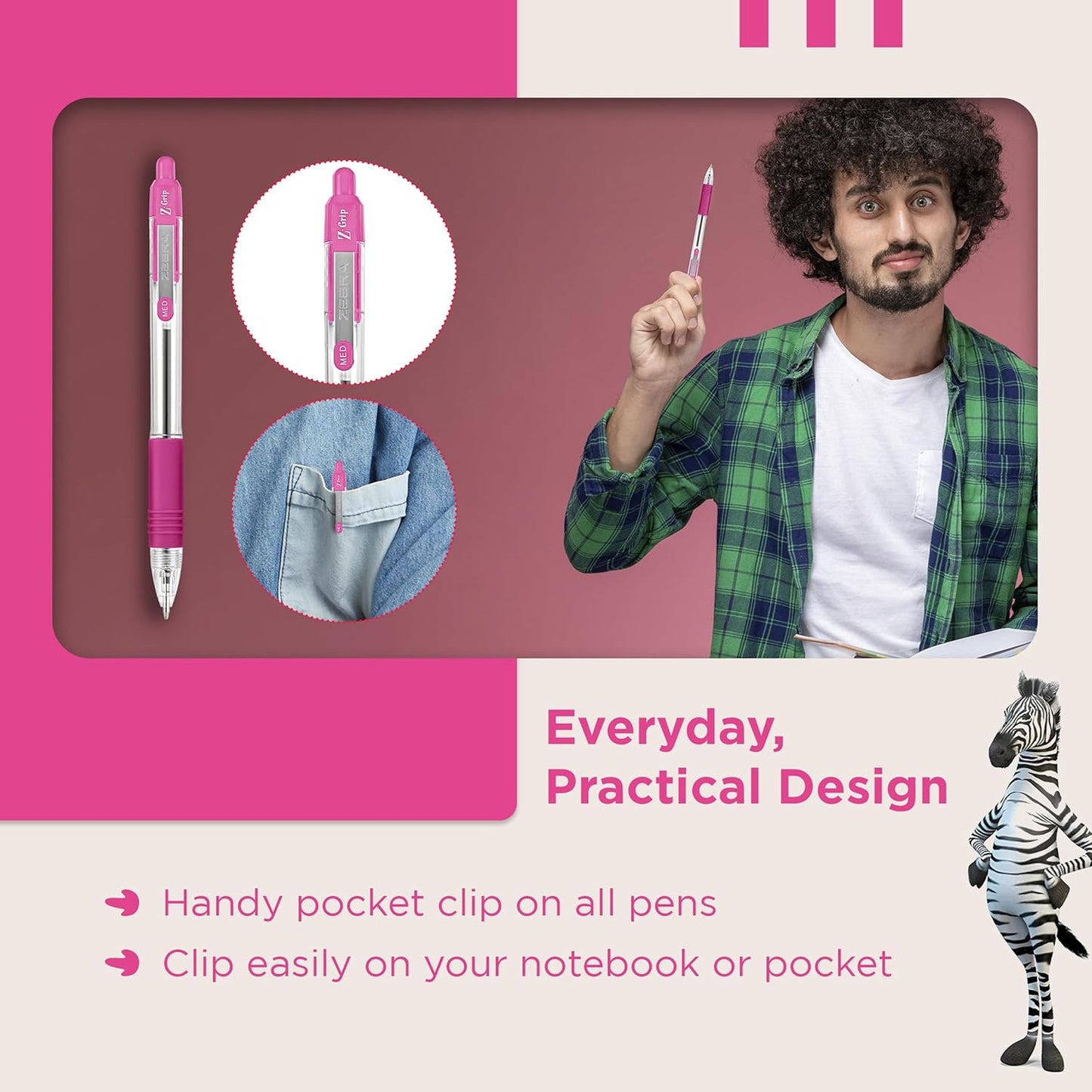Z Grip Pink Pens Ballpoint, Smooth & Comfortable Ballpoint Pens with Pocket Clip, Retractable Ballpoint Pens with Pink Ink, Reliable Biro Pens Multipack for Everyday Use - Medium Point, 12Pk