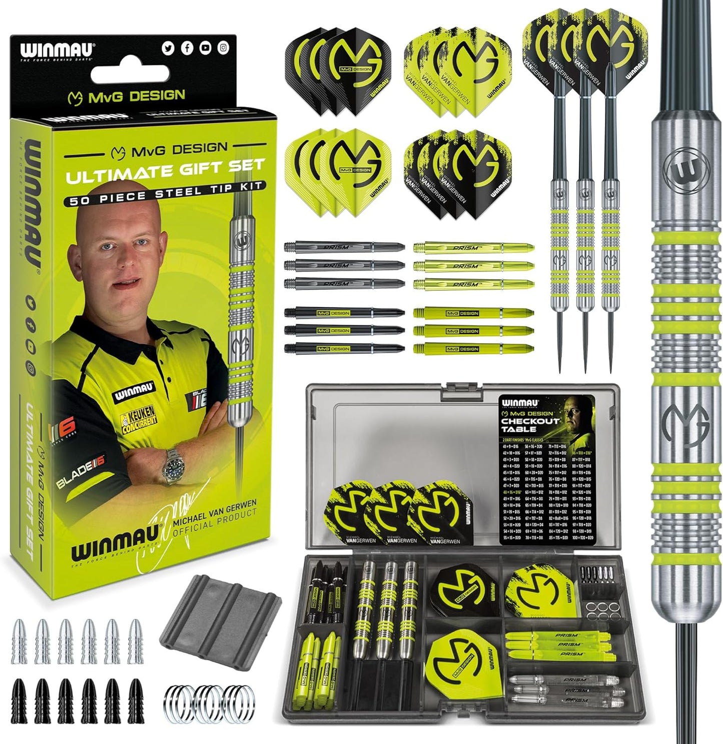 Michael Van Gerwen Mvg Gift Sets - 50 Piece Darts Set with 4 Sets of Shafts, 4 Sets of Flights plus Accessories