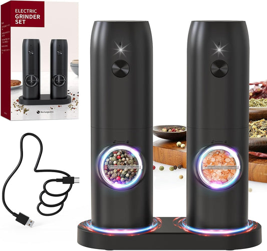 Electric Pepper Grinder Mills, USB Rechargeable Salt and Pepper Set with Charging Base, Ceramic Grind and Adjustable Coarseness, Automatic Grinder for Home, Kitchen
