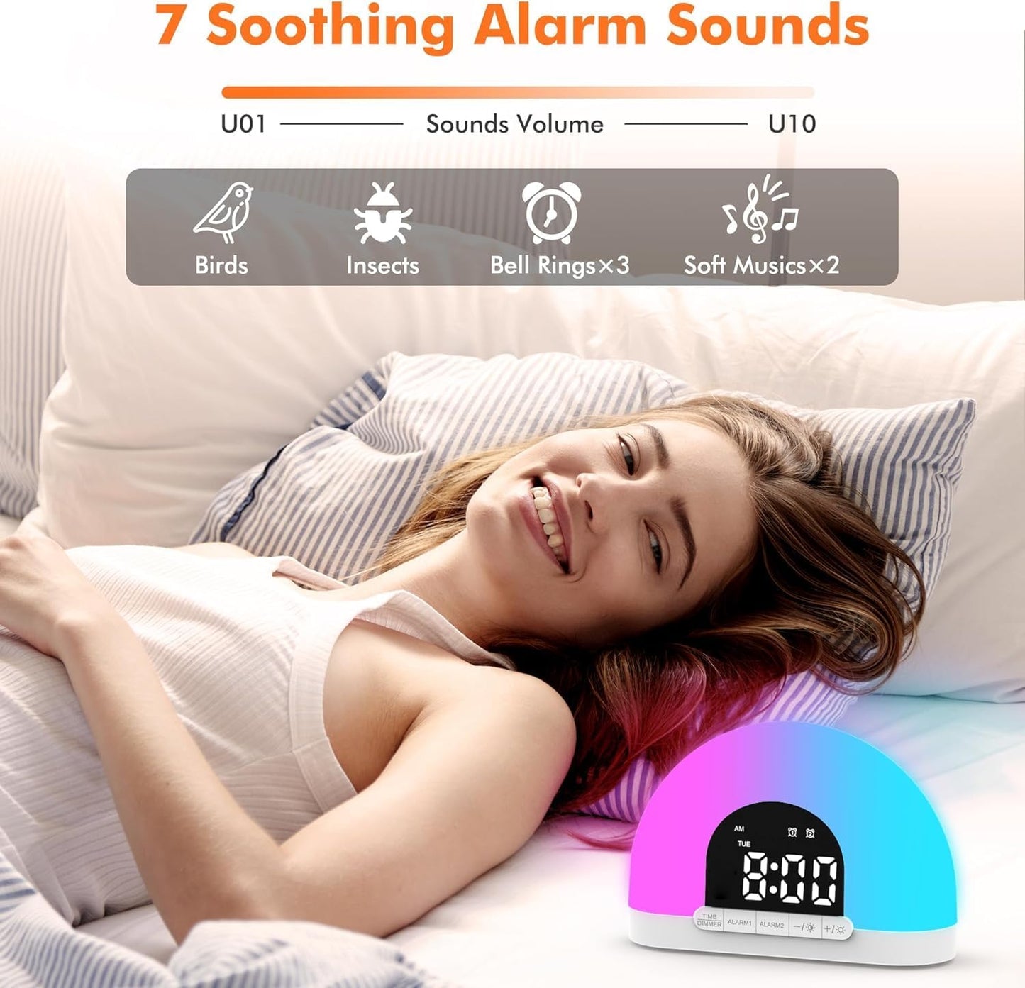 Sunrise Alarm Clock, Dimmable Digital Clock for Kids, Small Bedside Sunlight Lamp Colourful Night Light Clock, 7 Alarm Sounds, Dual Alarms, Natural Wake up Light for Boys Girls Teens Heavy Sleepers