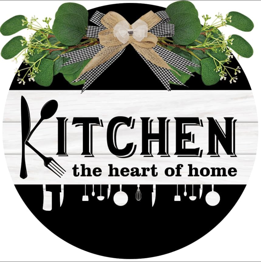 Kitchen Wooden Hanging Signs Rustic Wood Sign for Home Kitchen Decor round Wood Hanging Sign with Ribbon Bow and Artificial Green Leaves Farmhouse Style Wall Art for Kitchen Home Art Decor