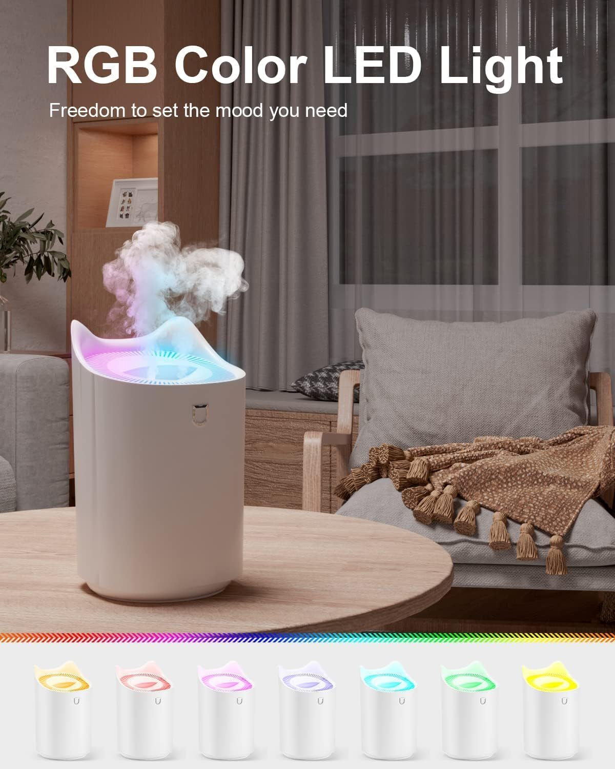 Humidifier, 3L Humidifier for Bedroom (Lasts up to 20 Hours), Air Humidifiers for Home with Color Changing Night Light for Baby Plant Office, 3 Mist Modes, 2 Nozzles, Auto Shut Off