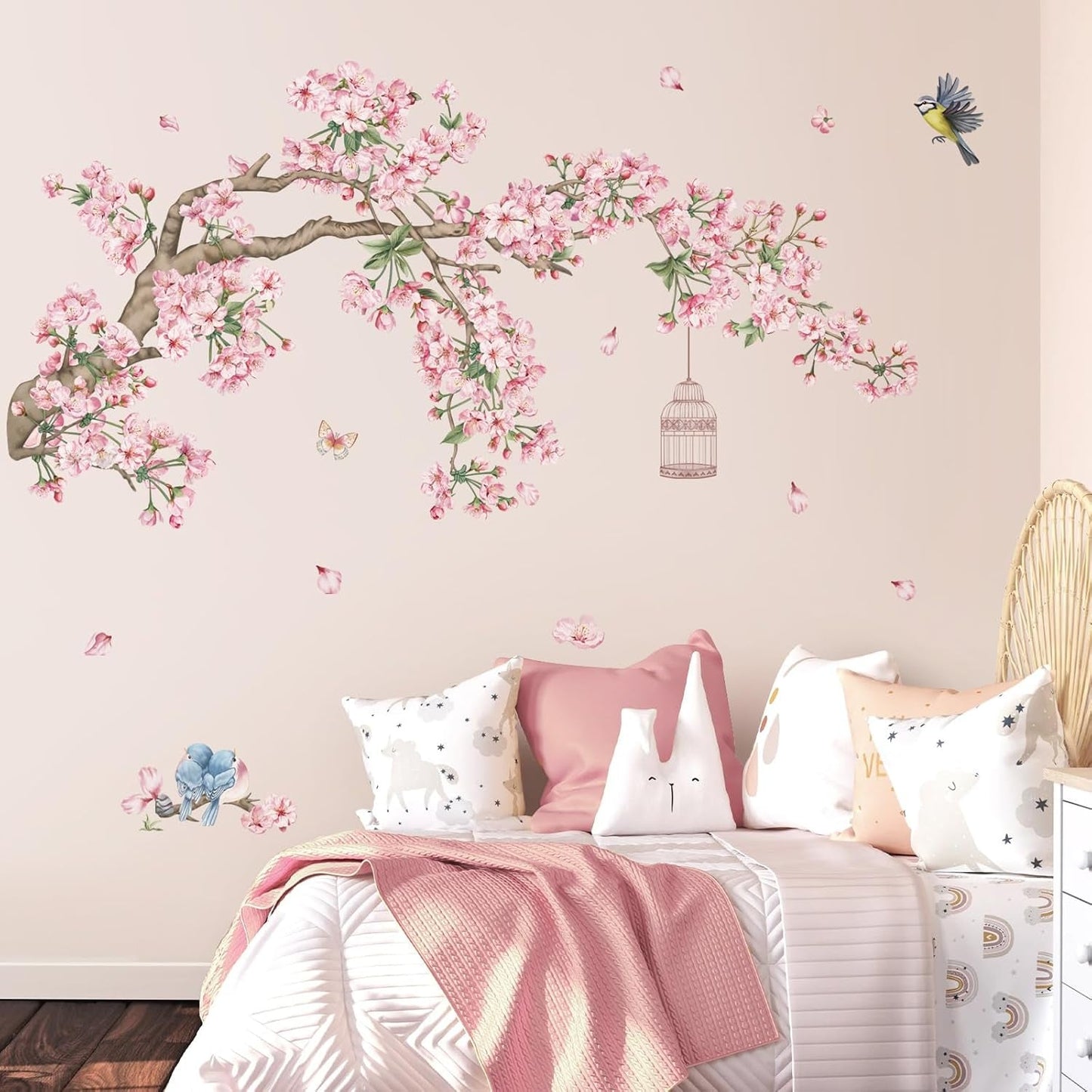 Cherry Blossom Tree Branch Wall Decals Pink Flower Birds Wall Stickers Bedroom Living Room Sofa TV Background Wall Decor