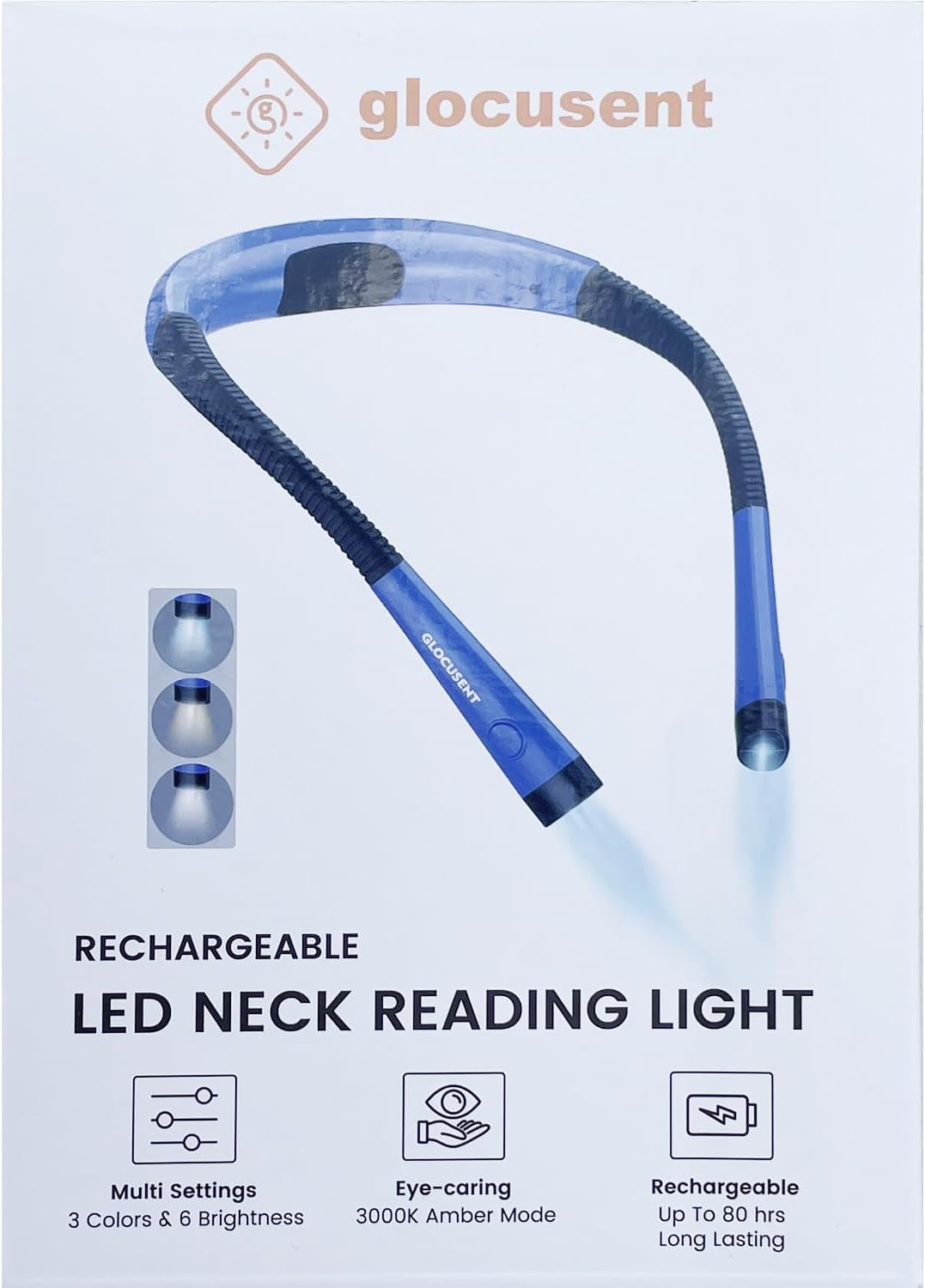 LED Neck Reading Light, Book Light for Reading in Bed, 3 Colors, 6 Brightness Levels, Bendable Arms, Rechargeable, Long Lasting, Perfect for Reading, Knitting, Camping, Repairing