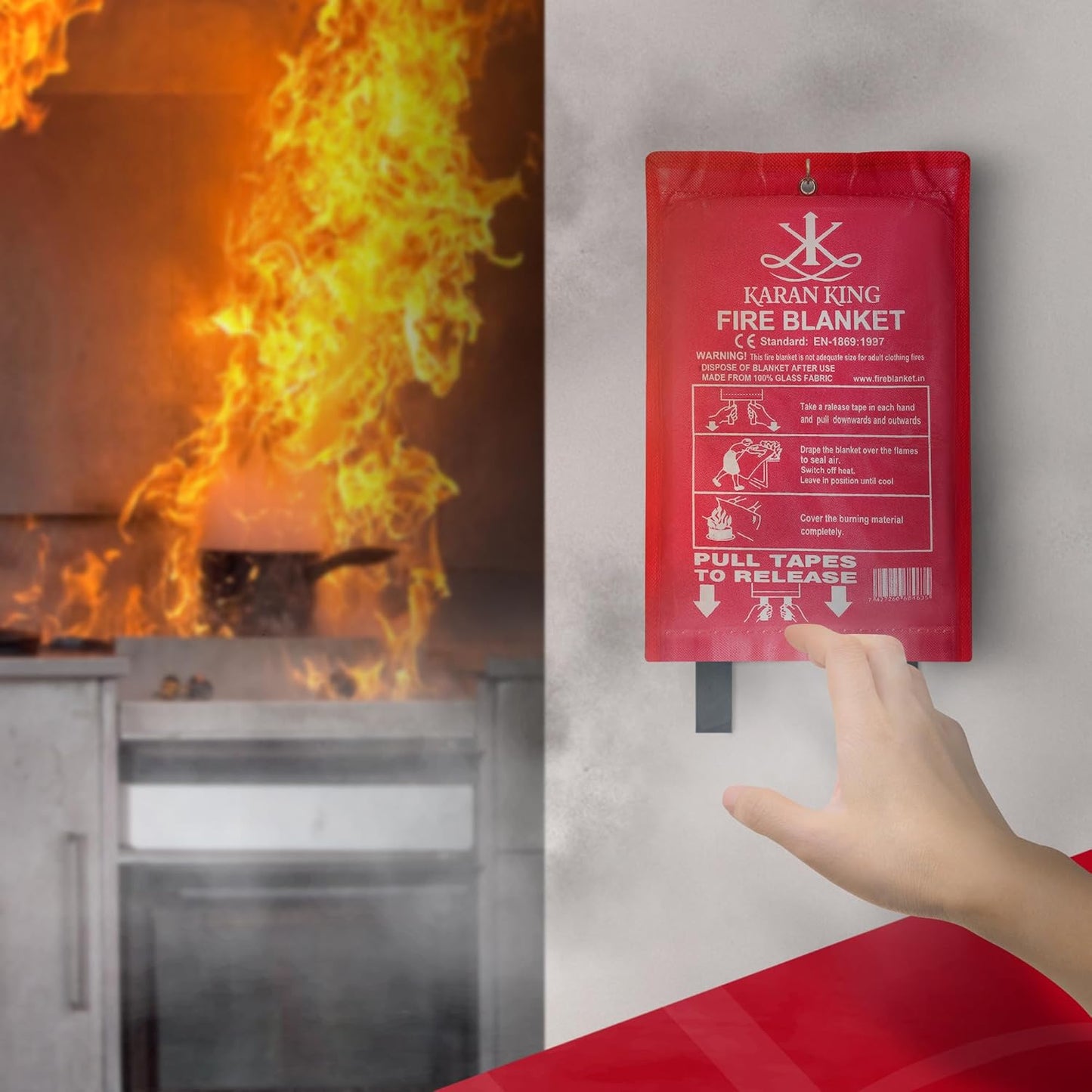 ® - Fire Blanket - Flame - Retardant Safety Blanket for Home, Kitchen, Caravans, Garages - Heat-Resistant and Versatile Fire Protection Equipment (Large, Quick Unfolding, with Loops)