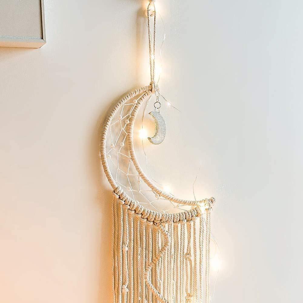Macrame Wall Hanging with LED Light,Moon Dream Catcher Woven Tapestry Bohemian Home Decor Wedding Party Ornaments Craft Gifts Ramadan Decorations for Home