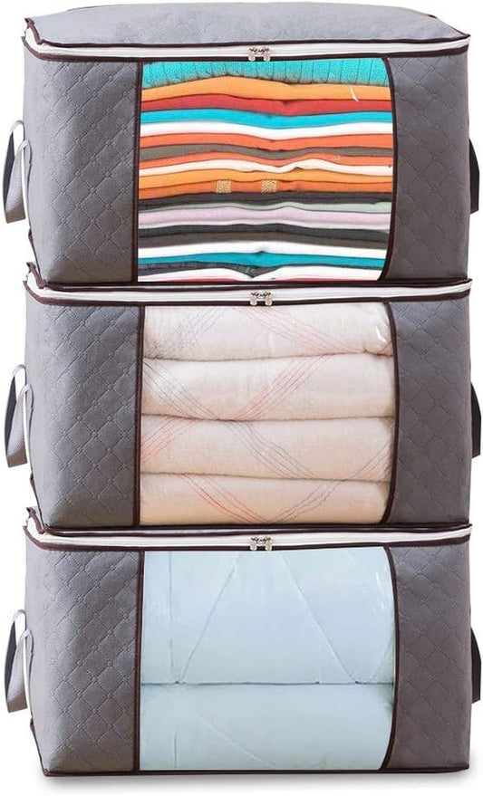 Foldable Storage Bag Organizers, Waterproof Anti-Mold Moisture Proof Clothes Storage Bags with Clear Window Carry Handles for Blanket Comforter Bedding, Closet Storage Boxes (3 Packs)