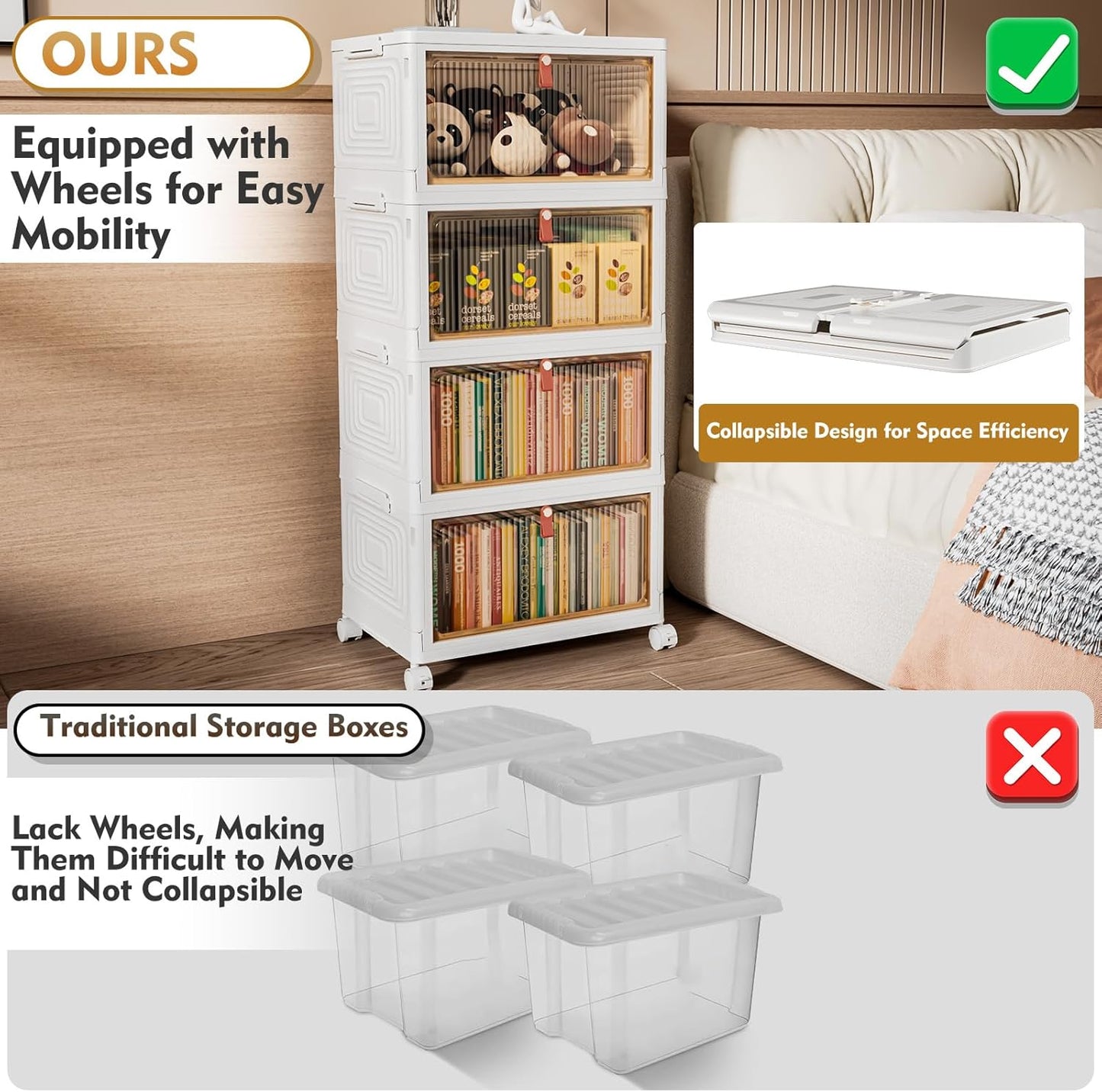 Storage Boxes with Lids, Bathroom Storage, Plastic Storage Boxes with 1 Lid, 4-Tier Stackable Storage Boxes with Wheels, Clothes Storage, Organizer for Bedroom Living Room Study Office