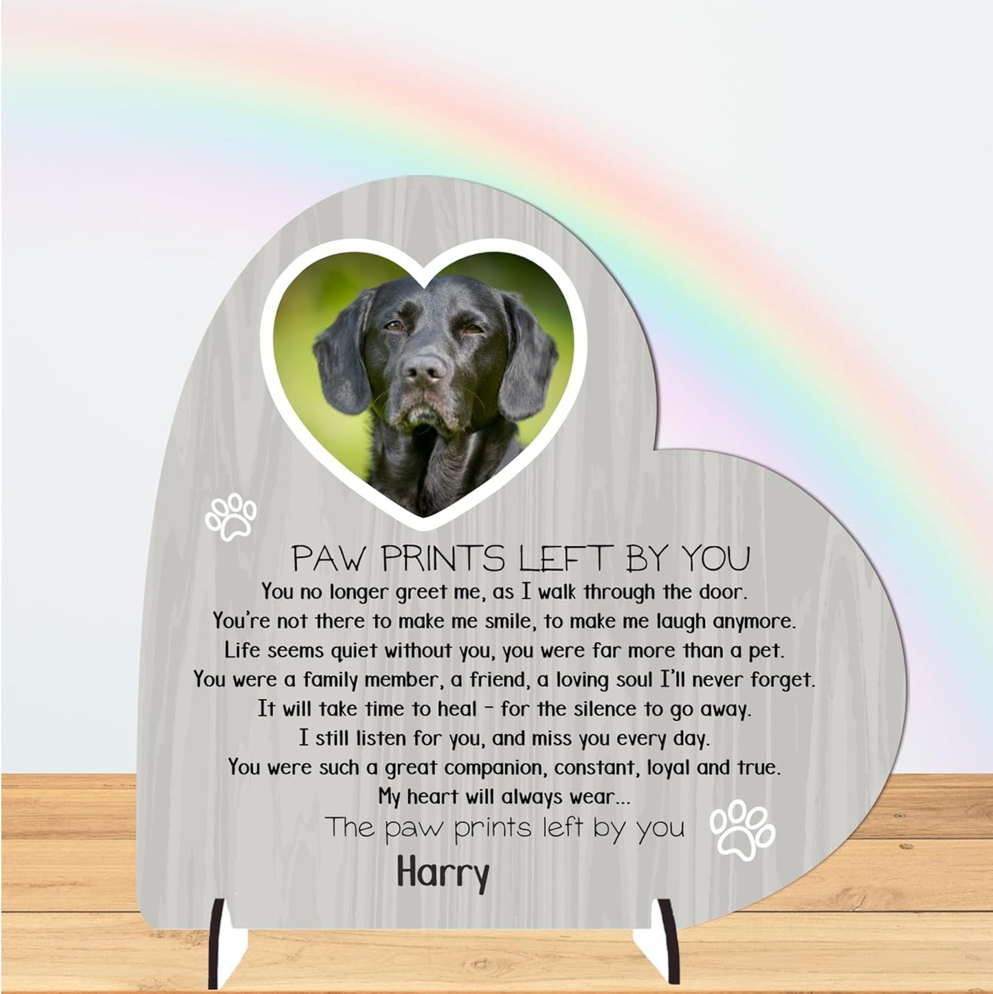 Personalised Pet Bereavement Plaque with Stands - Handcrafted Photo Memorial Decor from MDF Wood, Customisable Design, Mdf Wood Heart on Stands Uk-Made (Mdf Wood 13.5Cm X 13.5Cm, Grey Wood Effect)