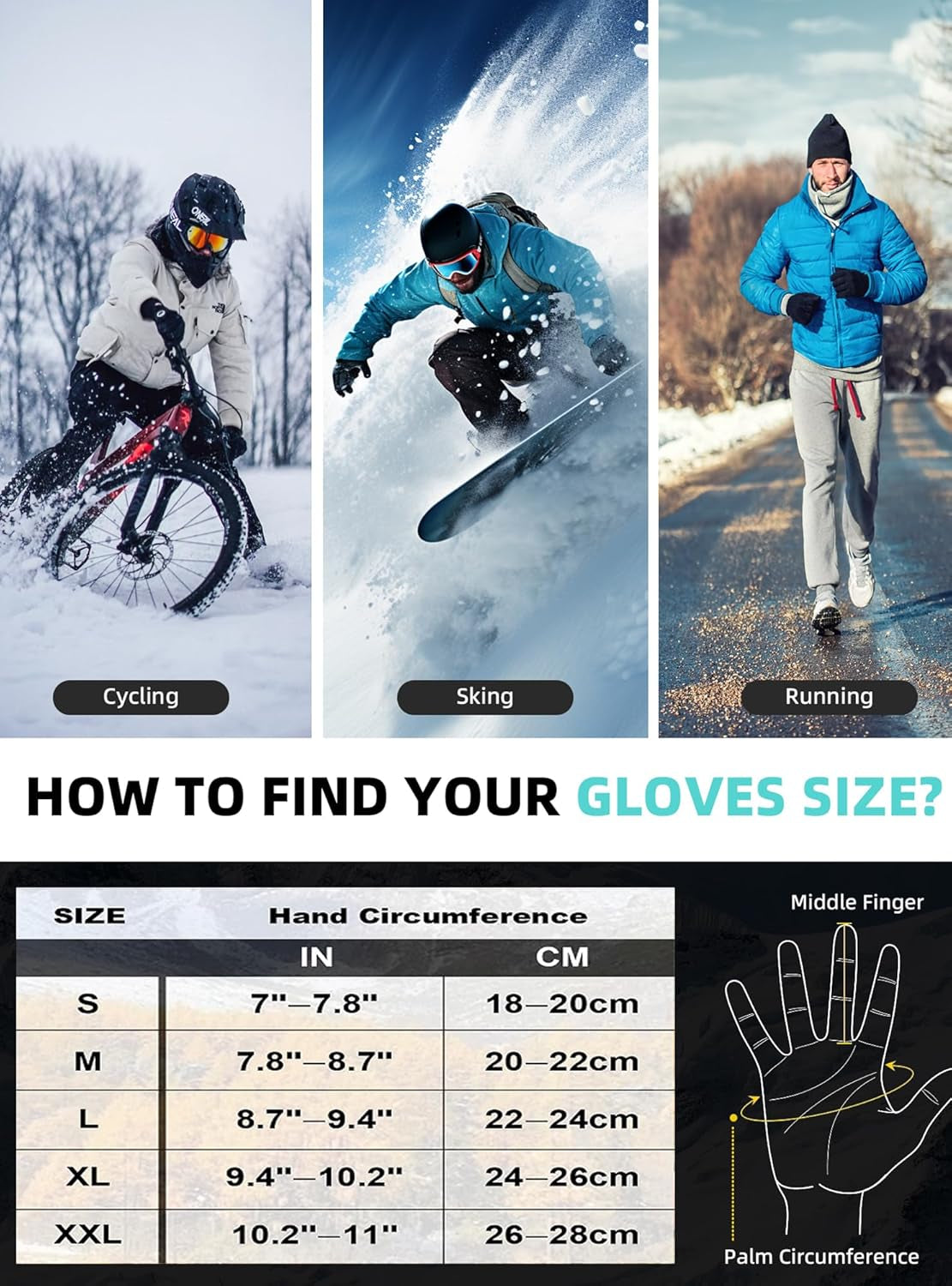 Winter Cycling Gloves Men Women,3M Full Finger Padded Touch Screen Bike Glove Anti-Slip Warm Waterproof Windproof for Running,Biking,Outdoor Sports