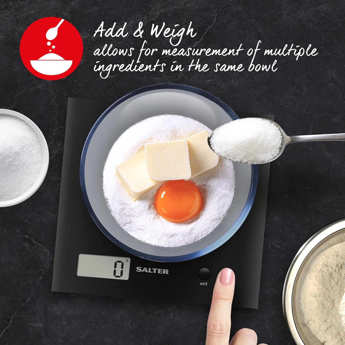 1066 BKDR15 Arc Kitchen Scale – Digital Food Weighing Scales for Precise Cooking/Baking, Slim Platform for Compact Storage, Add & Weigh/Tare Function, 3Kg Capacity, Battery Included, Black