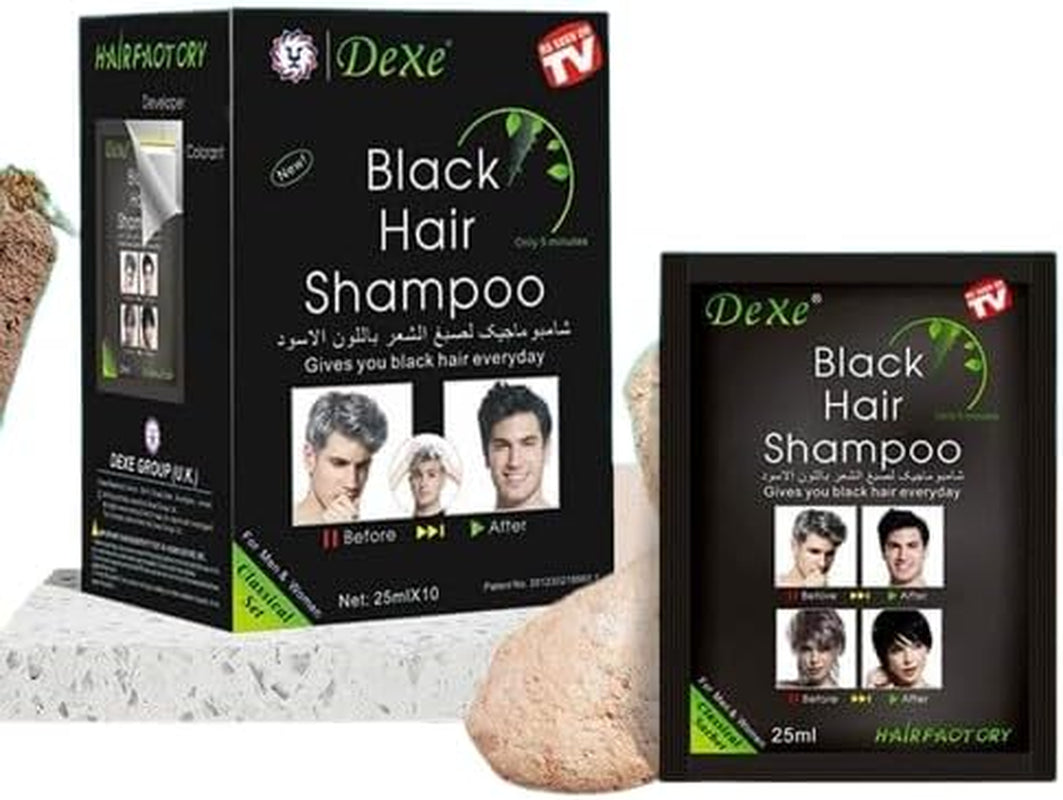 Instant Black Hair Shampoo 5 Minute Colour - Unisex, Quick, Easy to Use, Long Lasting, Grey Hair into Black (10 X 25Ml (Box))