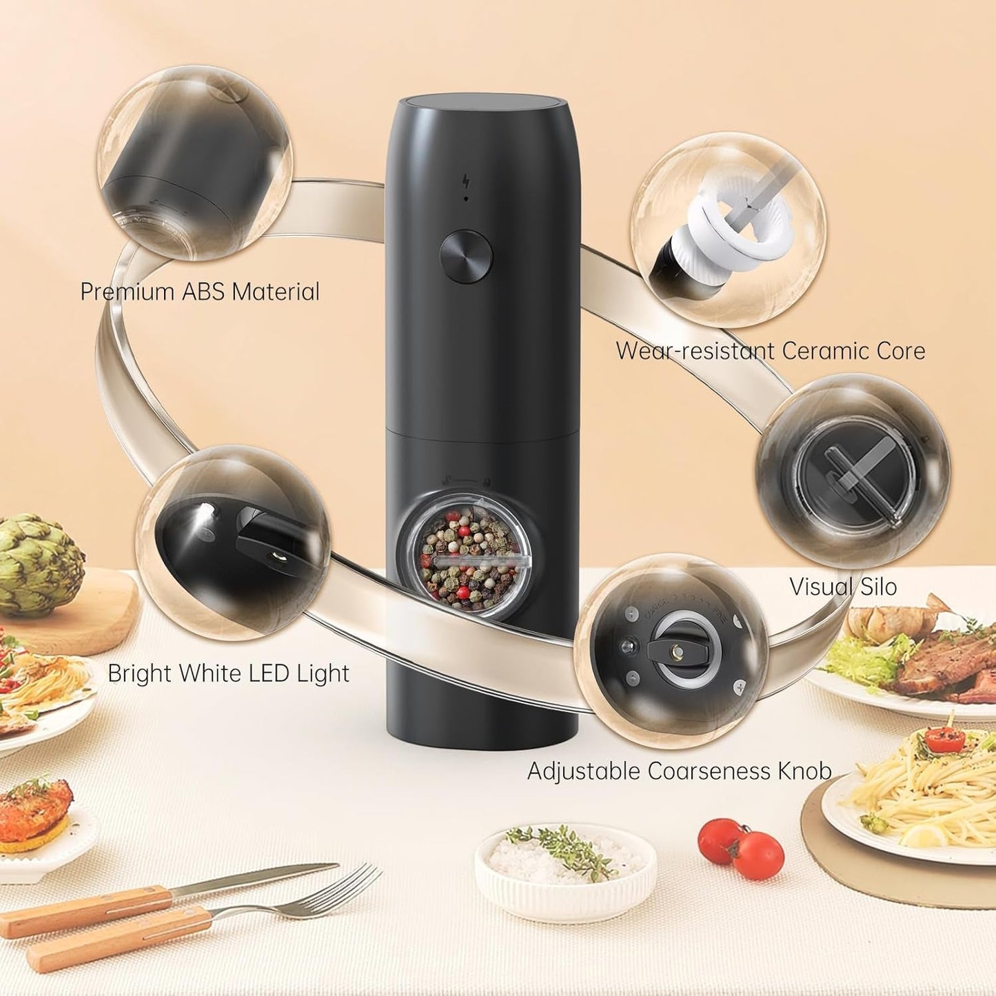 Electric Pepper Grinder Mills, USB Rechargeable Salt and Pepper Set with Charging Base, Ceramic Grind and Adjustable Coarseness, Automatic Grinder for Home, Kitchen