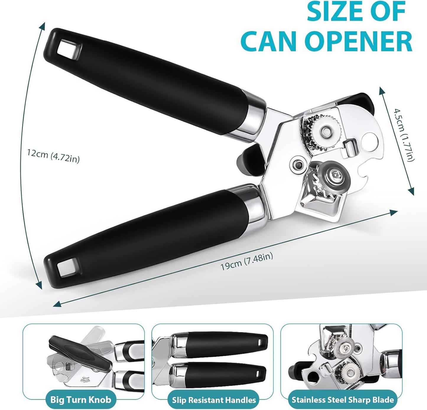 Tin Opener, 3-In-1Can Opener Handheld Heavy Duty Stainless Steel Can Openers with Multifunctional Bottle Opener, Black