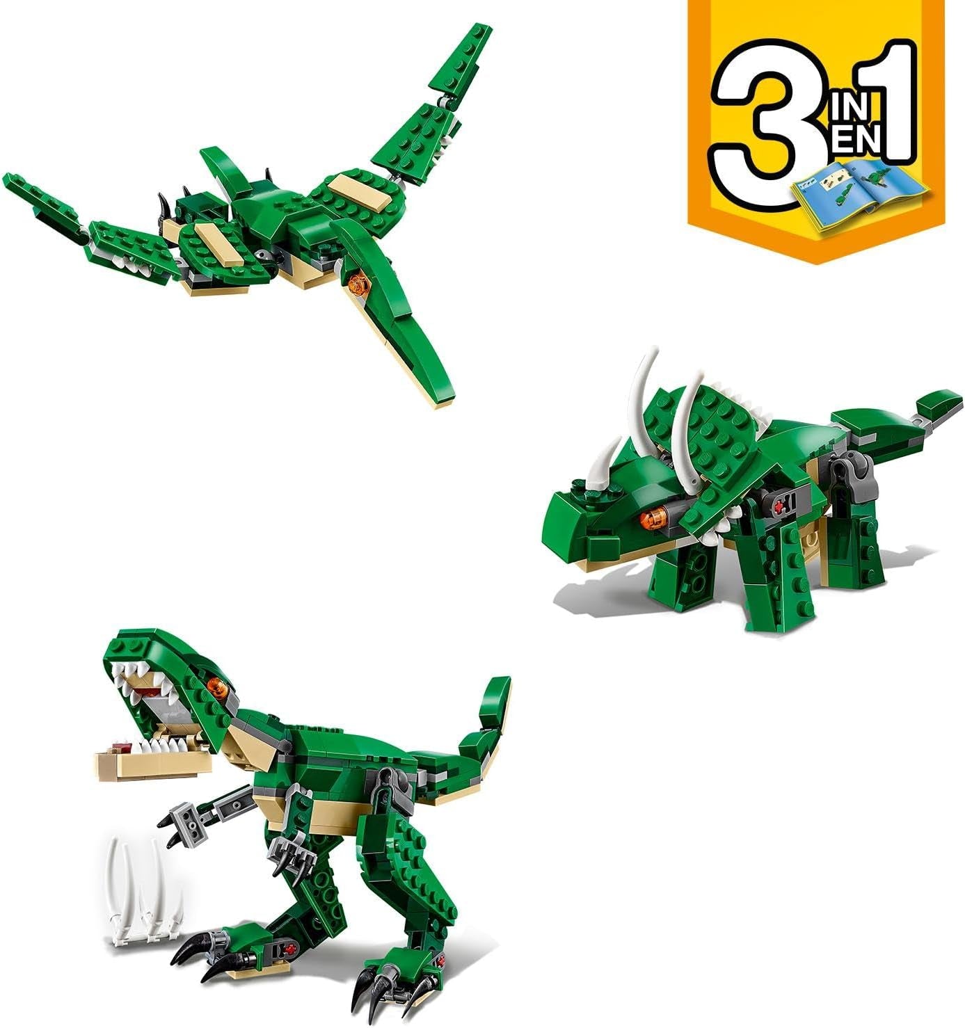 31058 Creator Mighty Dinosaurs Toy, 3 in 1 Model, T. Rex, Triceratops and Pterodactyl Dinosaur Figures, Gifts for 7-12 Year Old Kids, Boys & Girls
