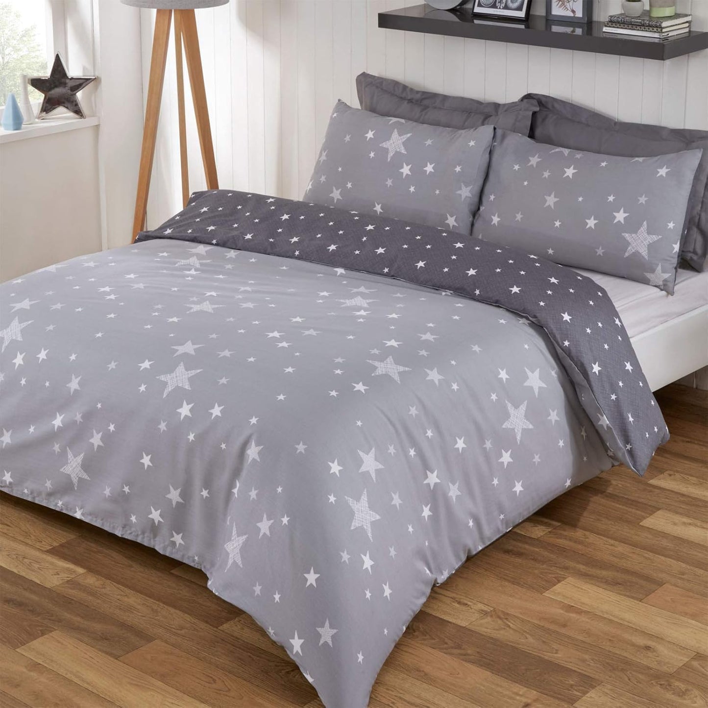 Galaxy Stars Duvet Cover with Pillowcase Kids Reversible Charcoal Bedding Set, Silver Grey,2 Pieces, Single