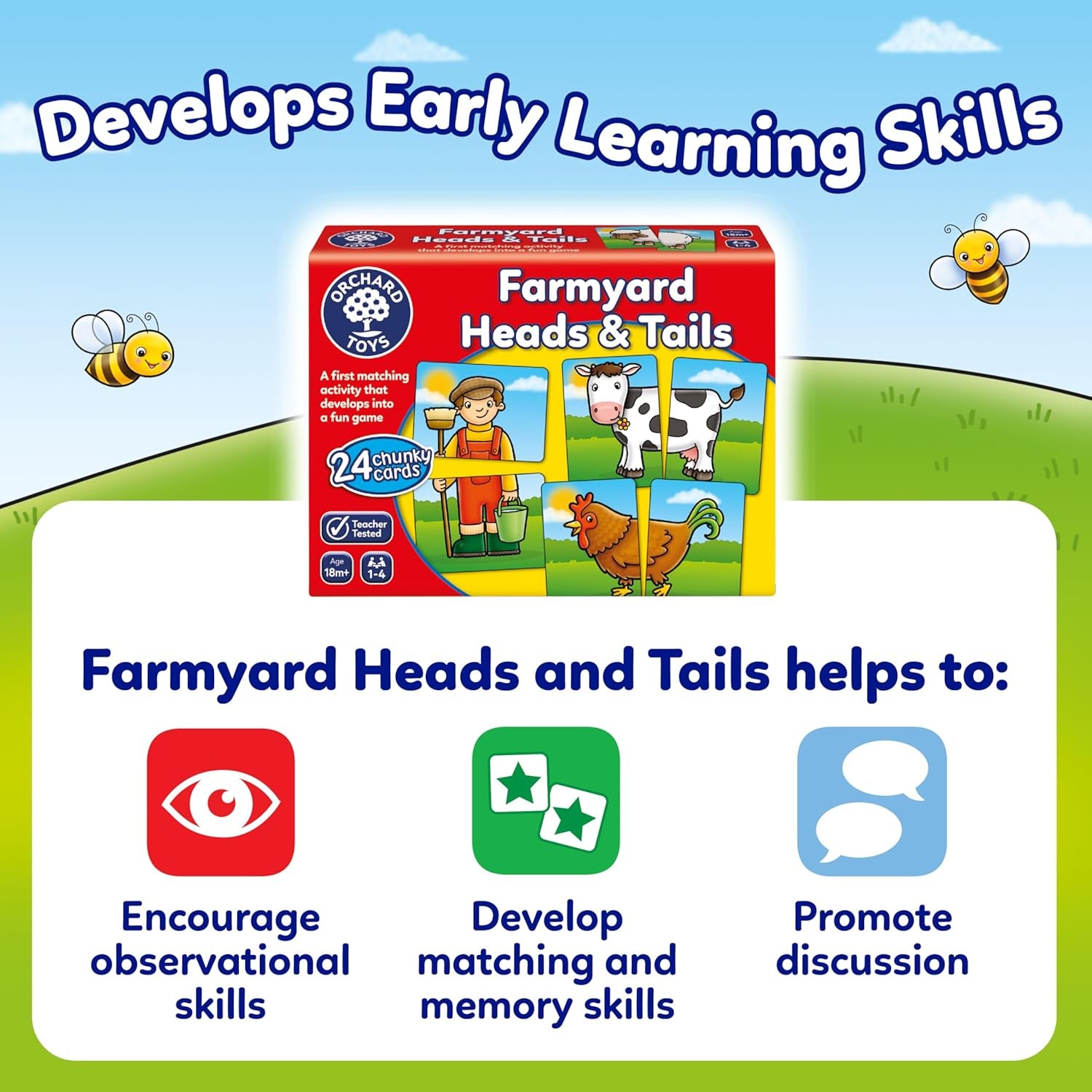 Farmyard Heads & Tails Game - Matching & Pairing Memory Game - Educational Toddler Toys and Games for Boys and Girls 18-Month-Old+ - Early Years Animal Pairs/Snap Cards - 1-4 Players