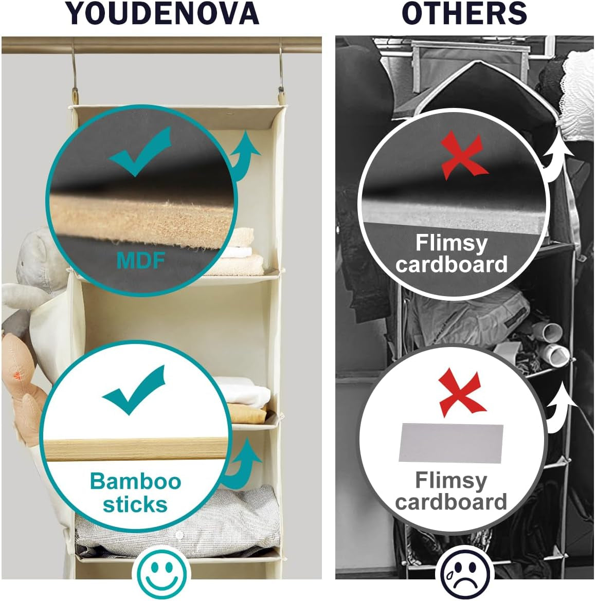 Hanging Closet Organizers 6 Shelves Wardrobe Storage Hanging Shelves with Side Pockets Clothes Organizer Bedroom Storage Beige