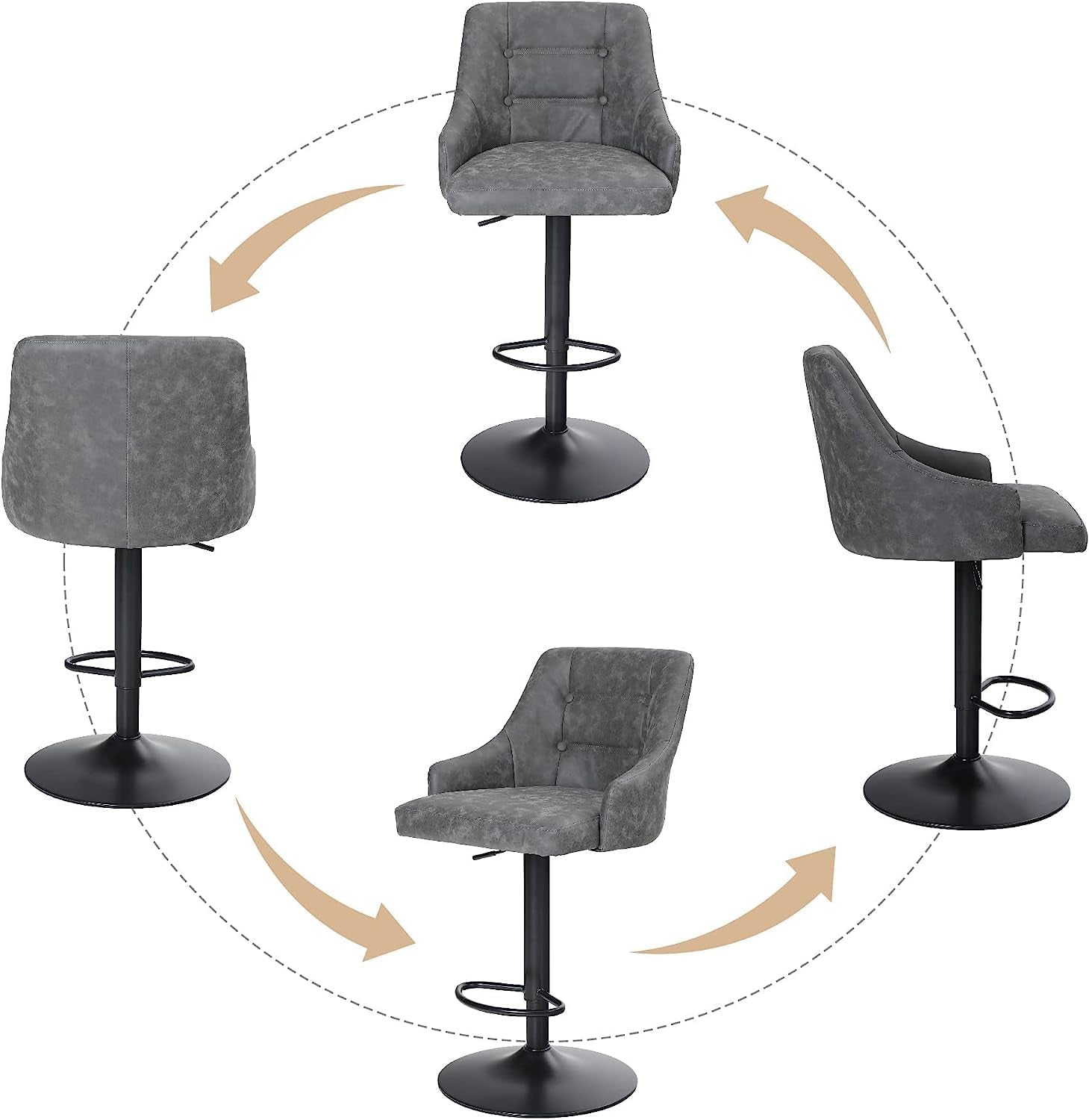 Height Adjustable Rotating Bar Stool, Bar Chair Counter Stool, PU Leather with Backrest and Footrest, Hugging Feeling Counter Stool for Kitchen, Cafe, Office