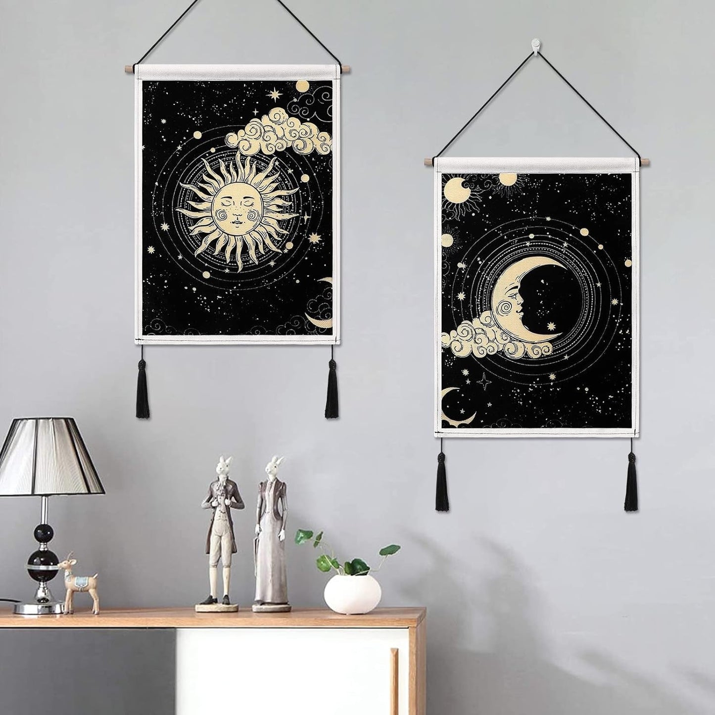 Japanese Moon and Sun Wall Tapestry with Tassels 2 Pack Black Banner Tapestry Wall Hanging Bohemian Wall Art Decor for Bedroom Aesthetic Living Room (Sun&Moon)