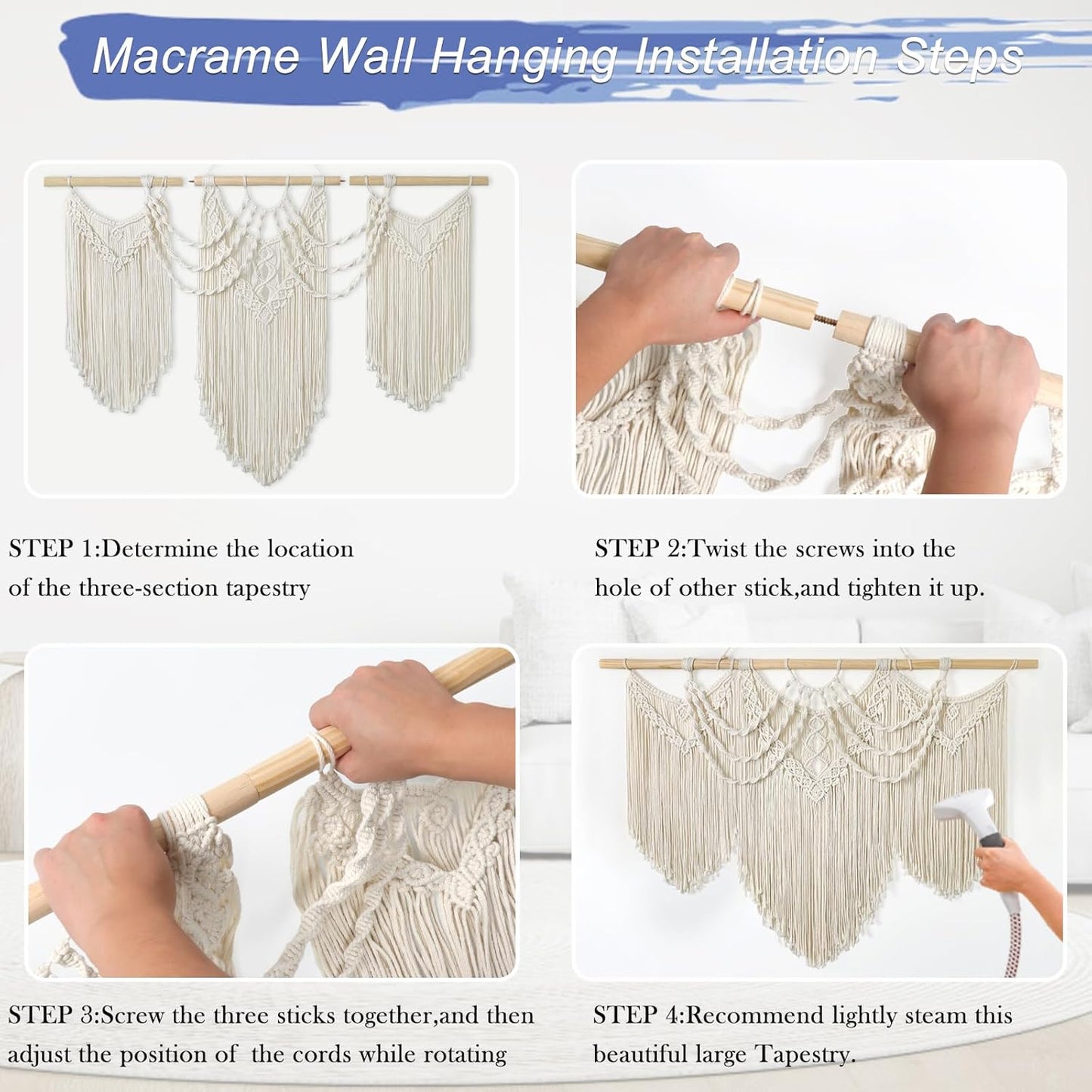 Large Macrame Wall Hanging Boho Handmade Woven Tapestry Tassel Craft Ornament Wall Art Beige Natural Cotton Rope Bohemian Chic Wall Decor for Bedroom Living Room Office Apartment